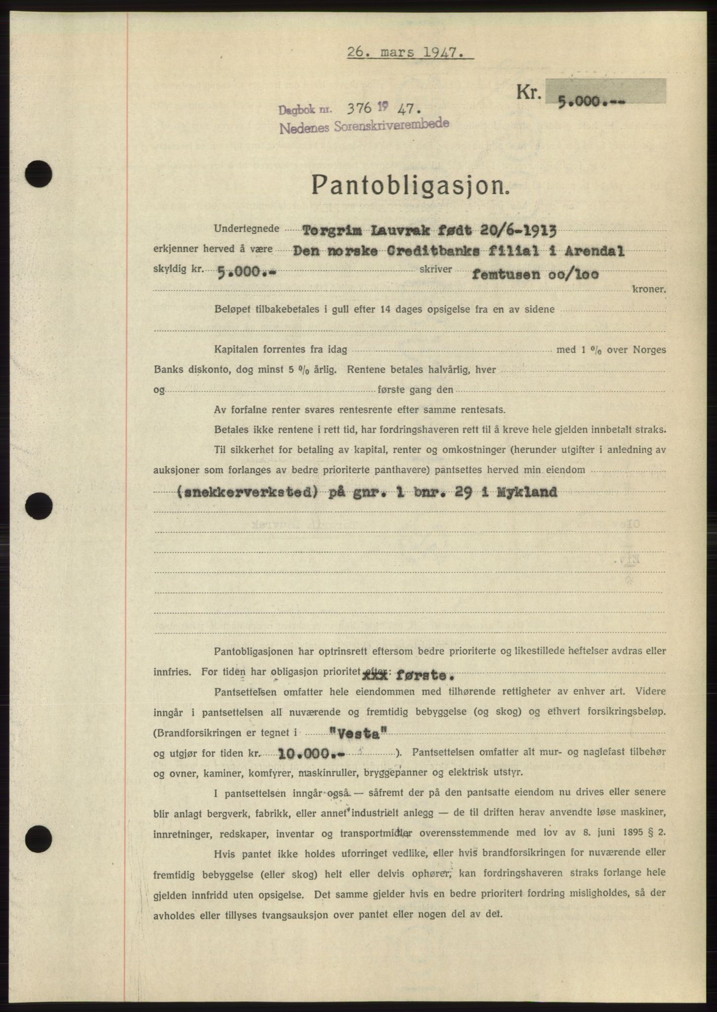 Nedenes sorenskriveri, AV/SAK-1221-0006/G/Gb/Gbb/L0004: Mortgage book no. B4, 1947-1947, Diary no: : 376/1947