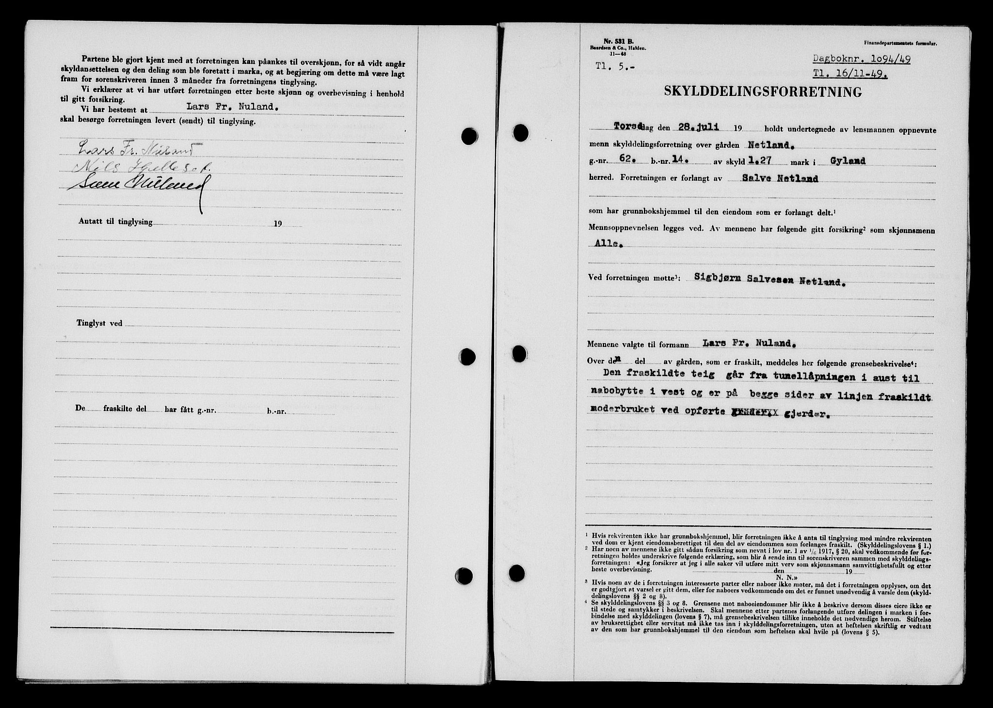 Flekkefjord sorenskriveri, SAK/1221-0001/G/Gb/Gba/L0065: Mortgage book no. A-13, 1949-1949, Diary no: : 1094/1949