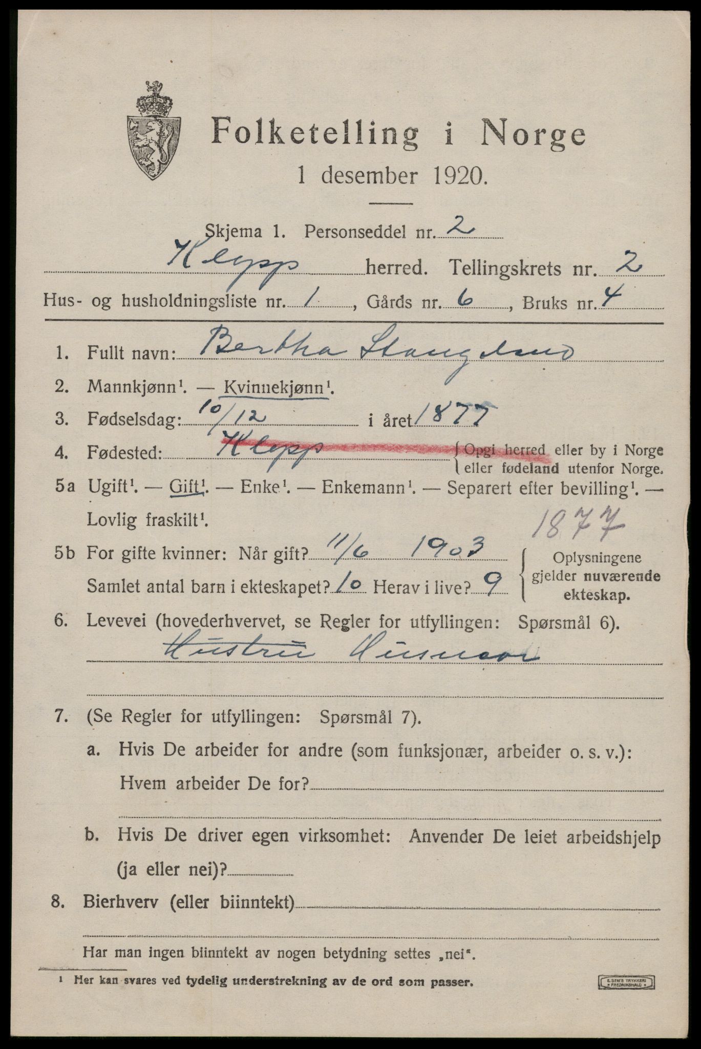 SAST, 1920 census for Klepp, 1920, p. 2582