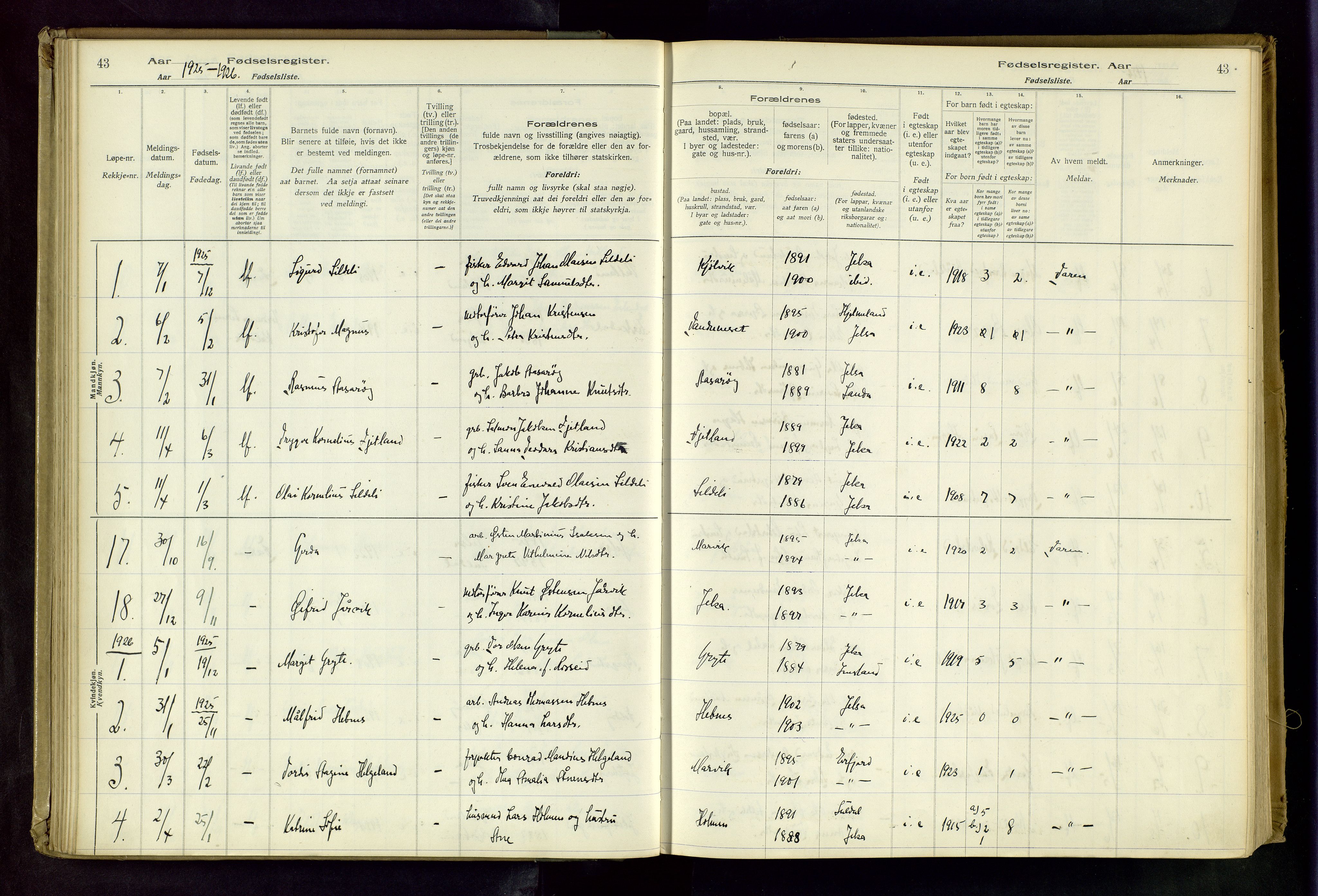 Jelsa sokneprestkontor, AV/SAST-A-101842/02/I: Birth register no. 13, 1916-1982, p. 43