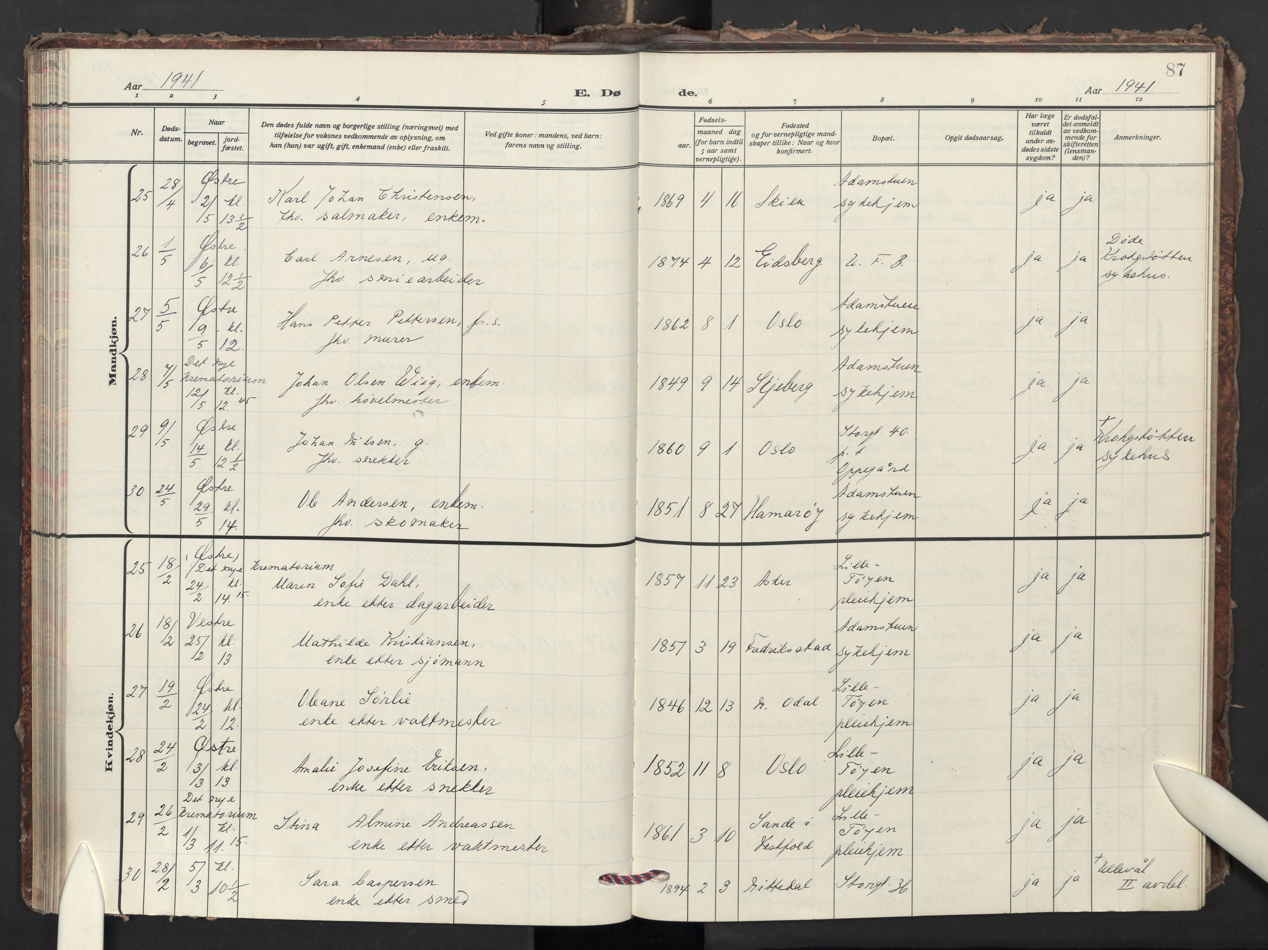 Krohgstøtten sykehusprest Kirkebøker, AV/SAO-A-10854/F/Fa/L0006: Parish register (official) no. 6, 1935-1951, p. 87