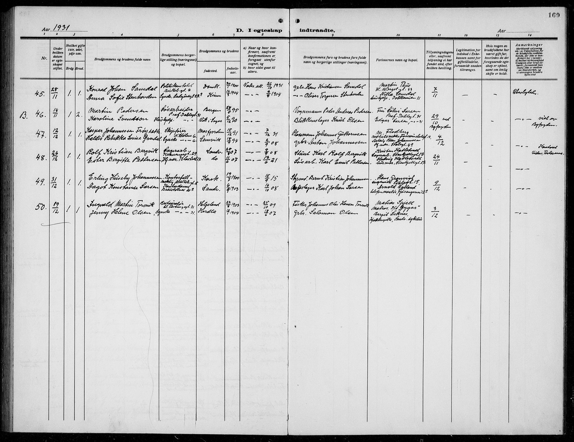 Mariakirken Sokneprestembete, SAB/A-76901/H/Hab/L0010: Parish register (copy) no. A 10, 1920-1937, p. 169