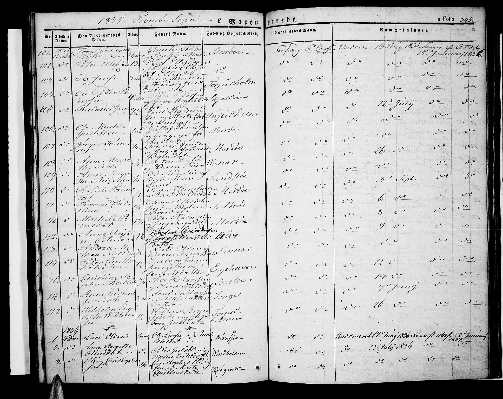 Tromøy sokneprestkontor, SAK/1111-0041/F/Fa/L0003: Parish register (official) no. A 3, 1825-1837, p. 345
