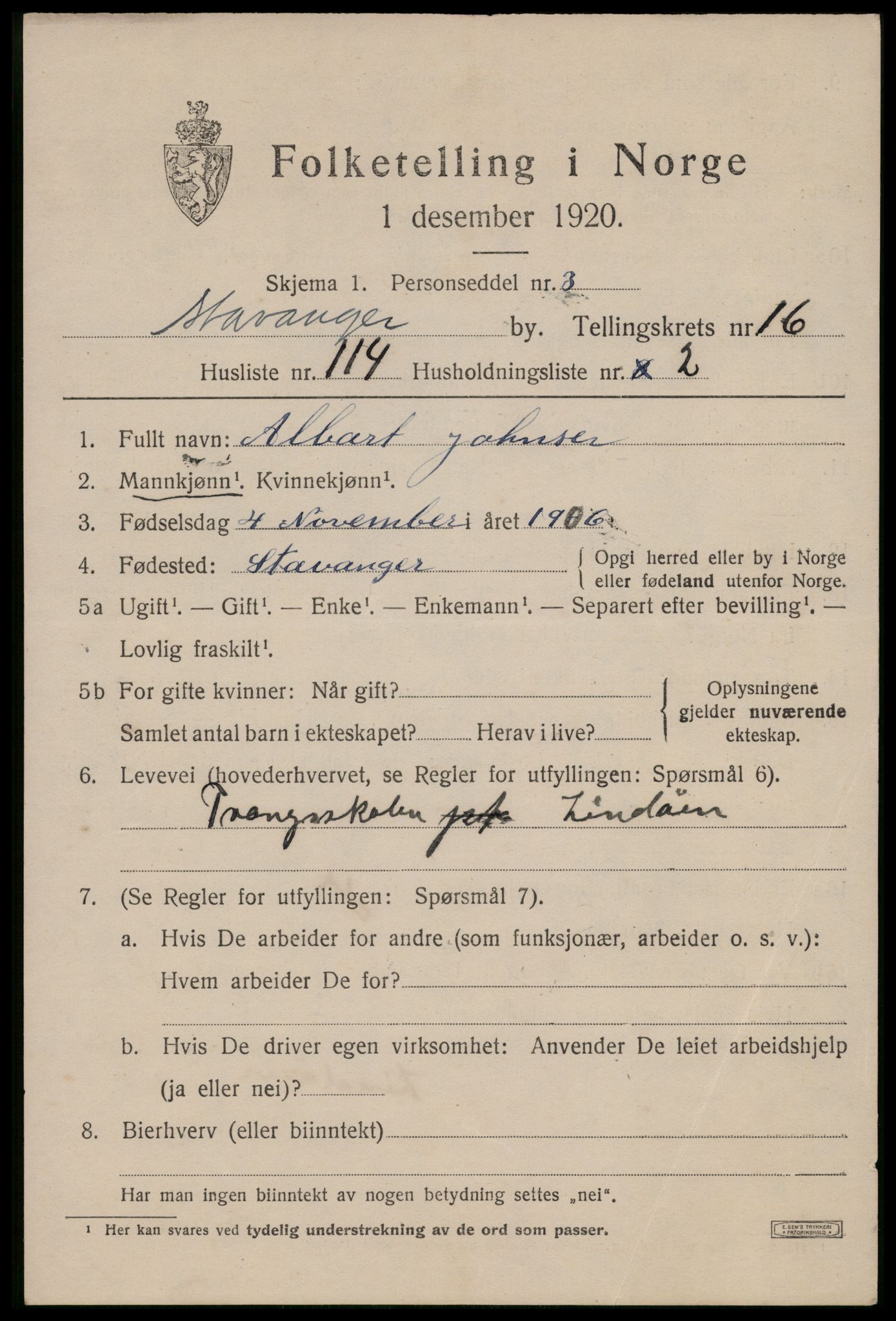 SAST, 1920 census for Stavanger, 1920, p. 65216