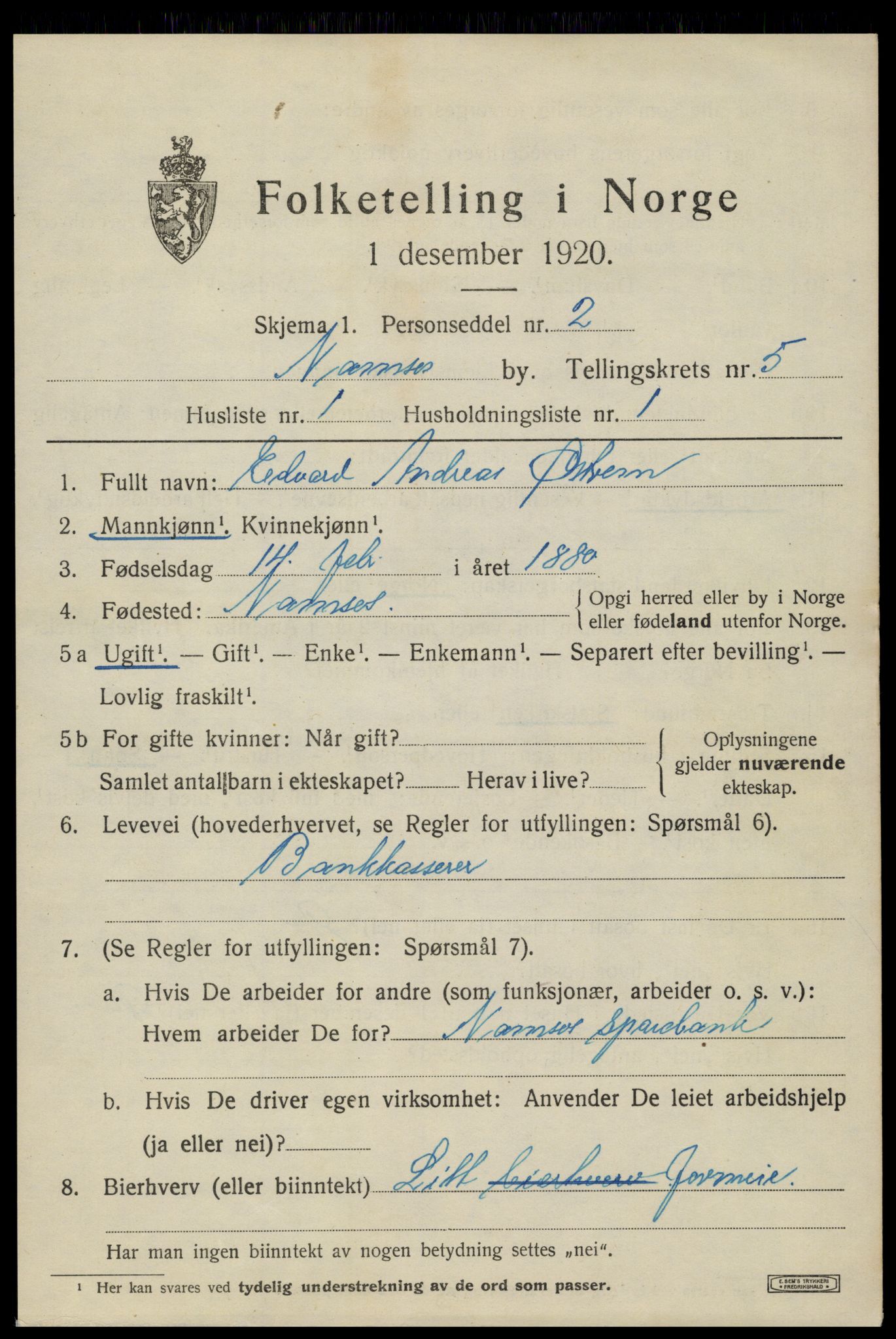 SAT, 1920 census for Namsos, 1920, p. 5647