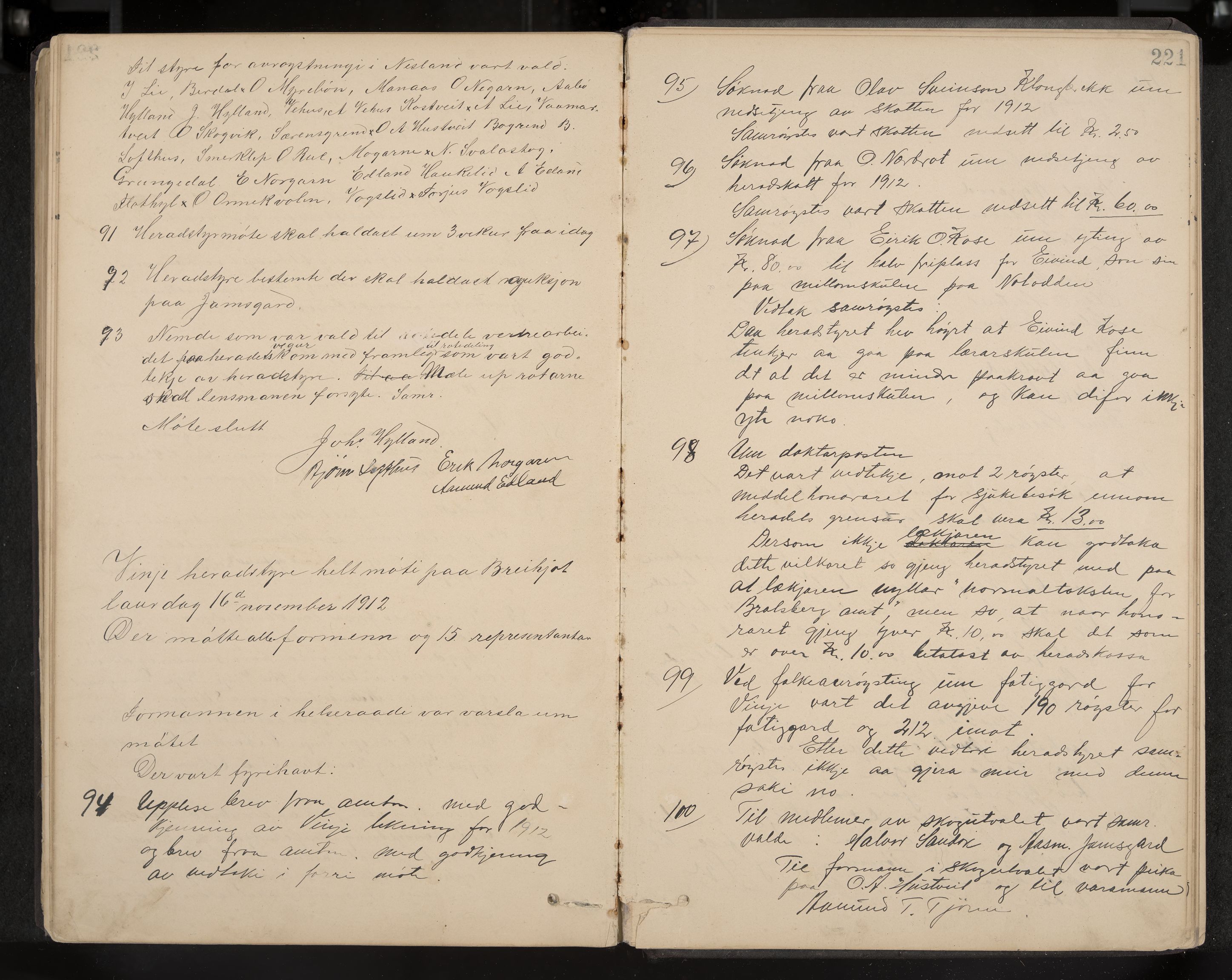 Vinje formannskap og sentraladministrasjon, IKAK/0834021-1/A/L0002: Møtebok, 1889-1913, p. 221