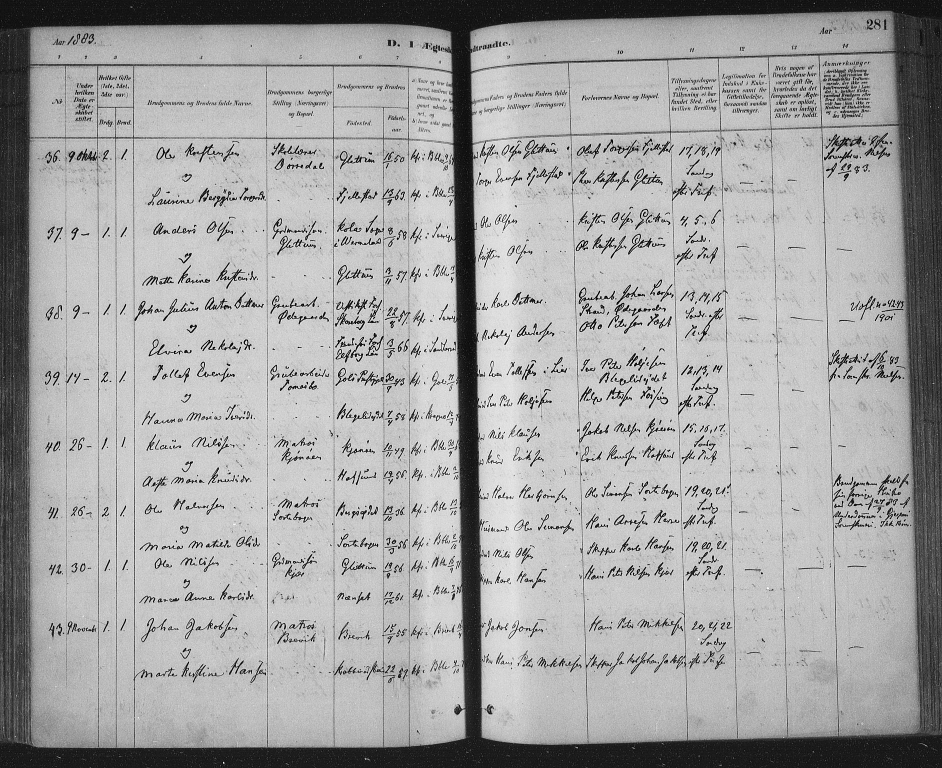 Bamble kirkebøker, SAKO/A-253/F/Fa/L0007: Parish register (official) no. I 7, 1878-1888, p. 281