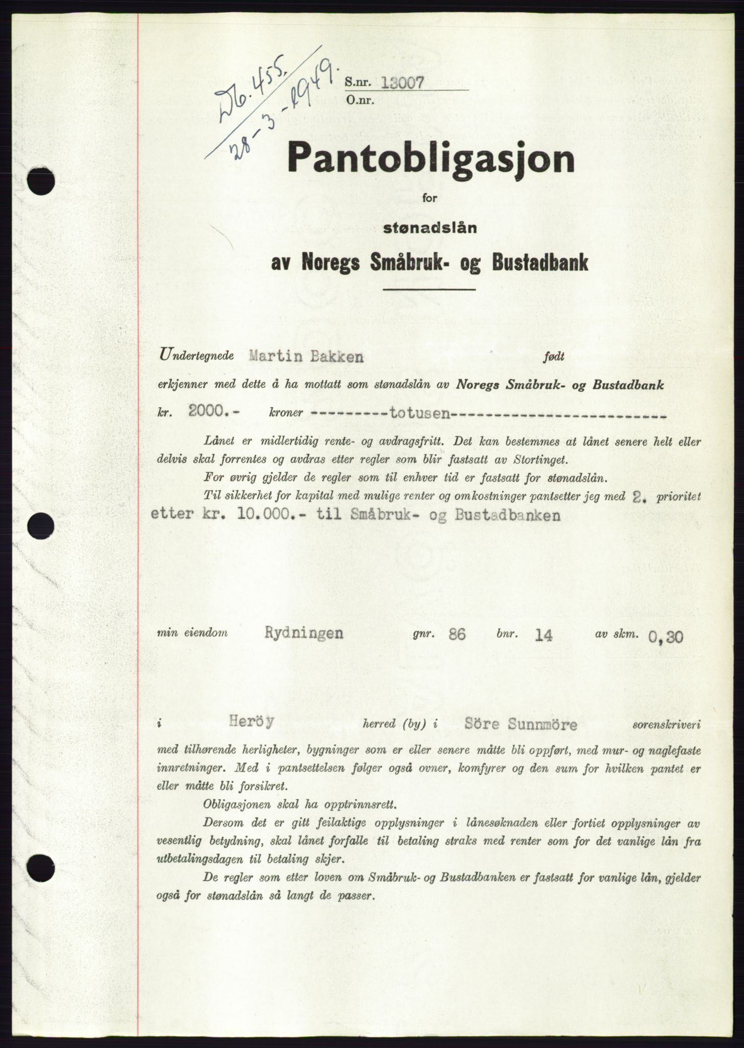 Søre Sunnmøre sorenskriveri, AV/SAT-A-4122/1/2/2C/L0116: Mortgage book no. 4B, 1948-1949, Diary no: : 455/1949