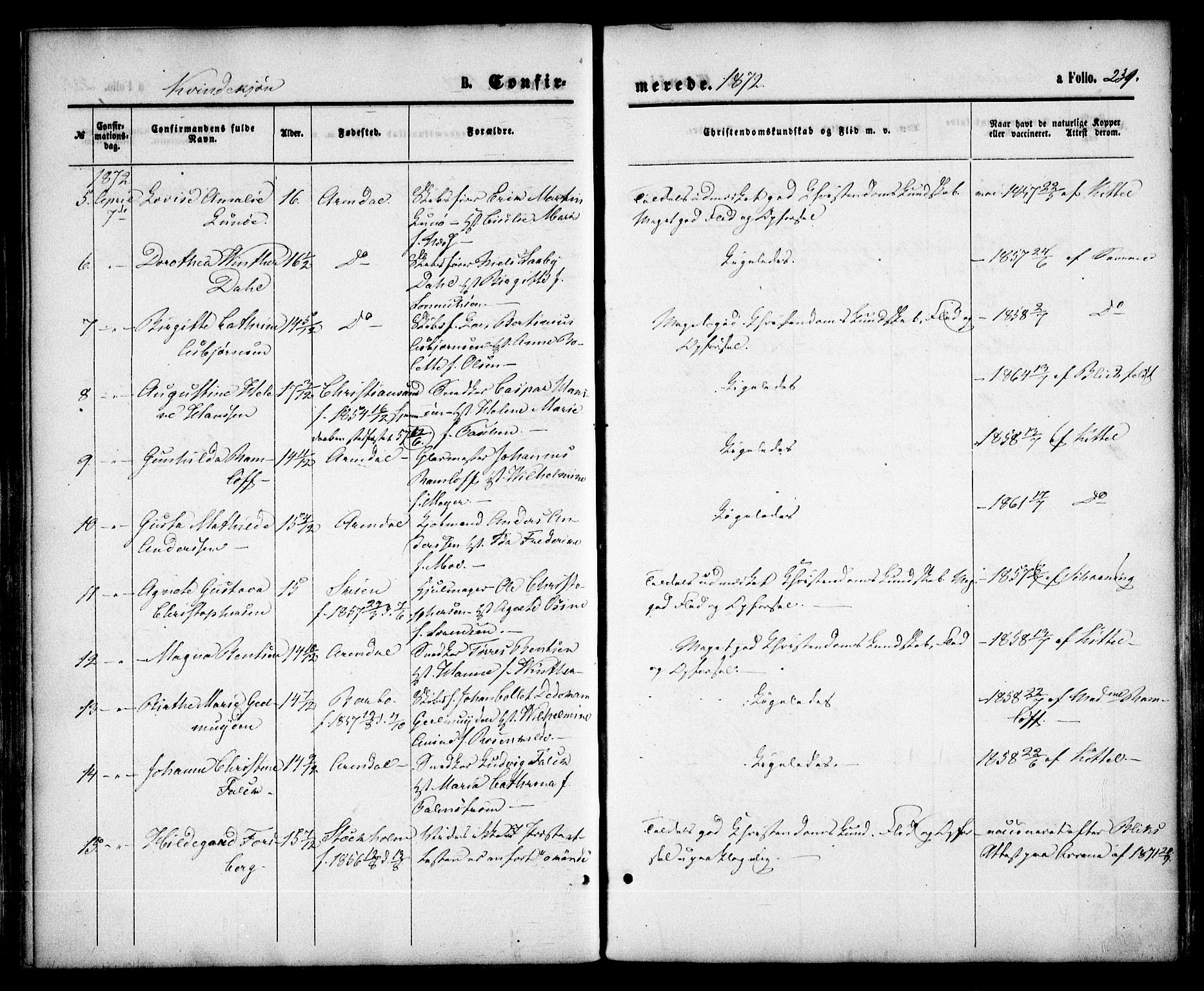 Arendal sokneprestkontor, Trefoldighet, SAK/1111-0040/F/Fa/L0007: Parish register (official) no. A 7, 1868-1878, p. 239