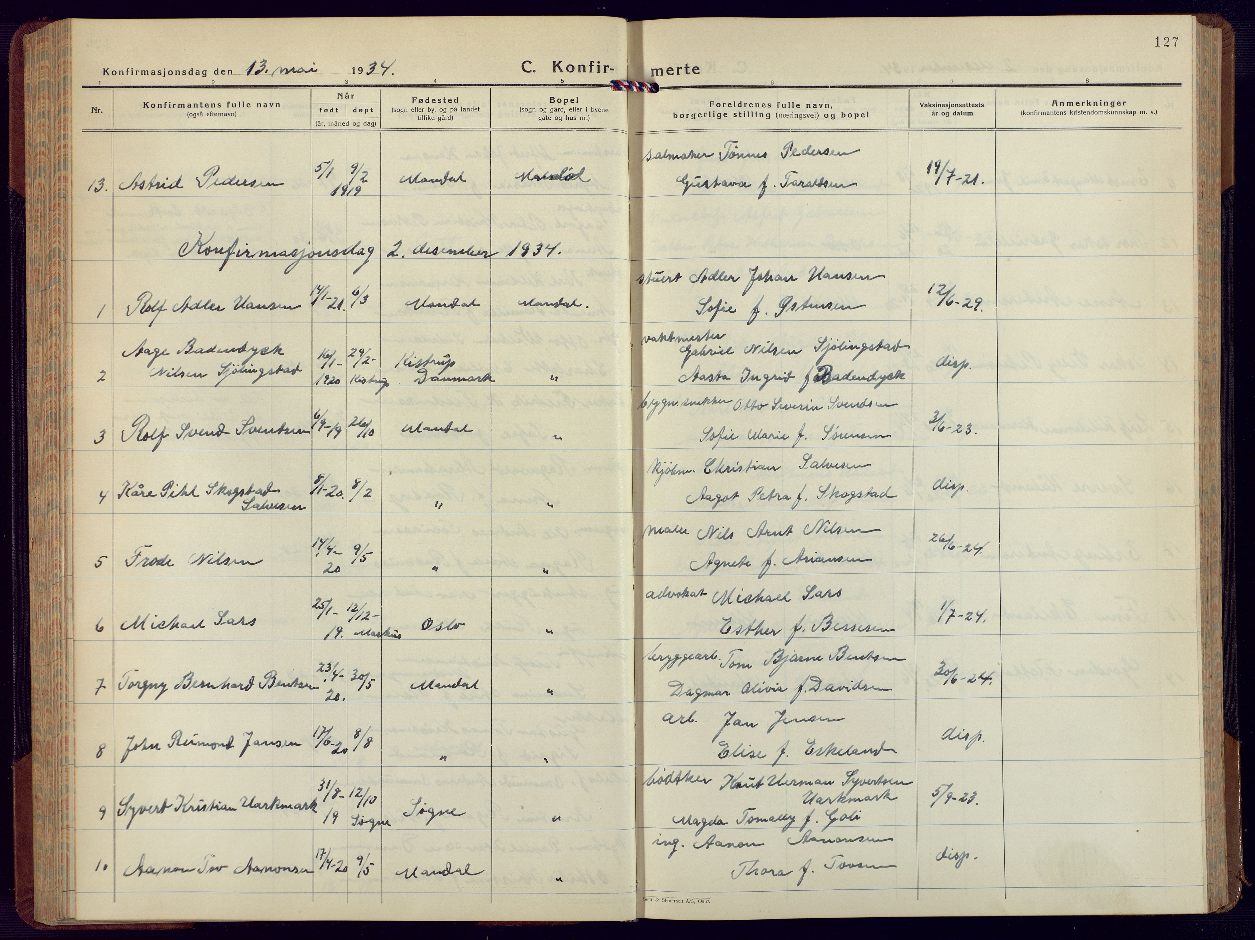 Mandal sokneprestkontor, AV/SAK-1111-0030/F/Fb/Fbc/L0002: Parish register (copy) no. B 2, 1931-1949, p. 127