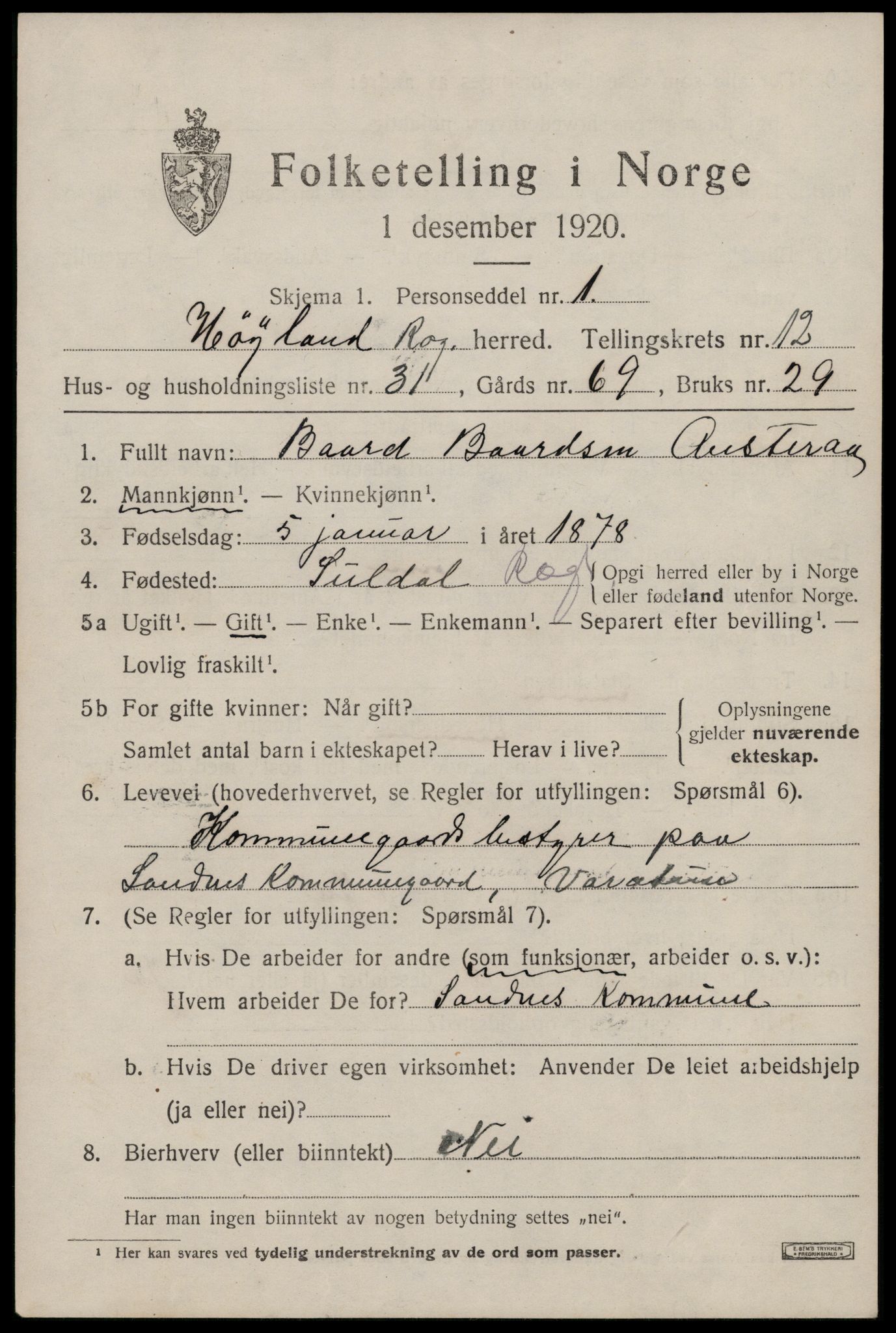 SAST, 1920 census for Høyland, 1920, p. 9702