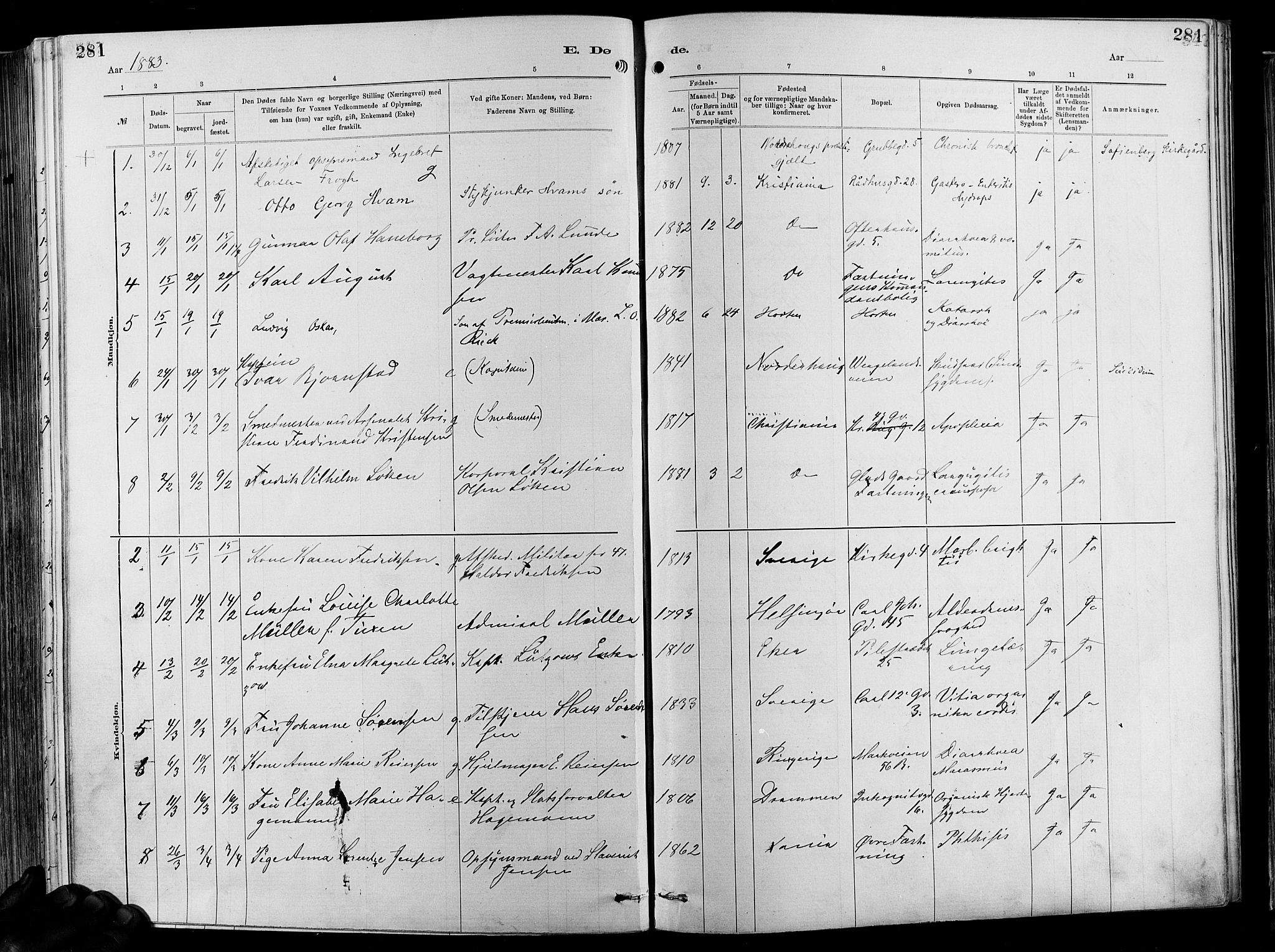 Garnisonsmenigheten Kirkebøker, AV/SAO-A-10846/F/Fa/L0012: Parish register (official) no. 12, 1880-1893, p. 281