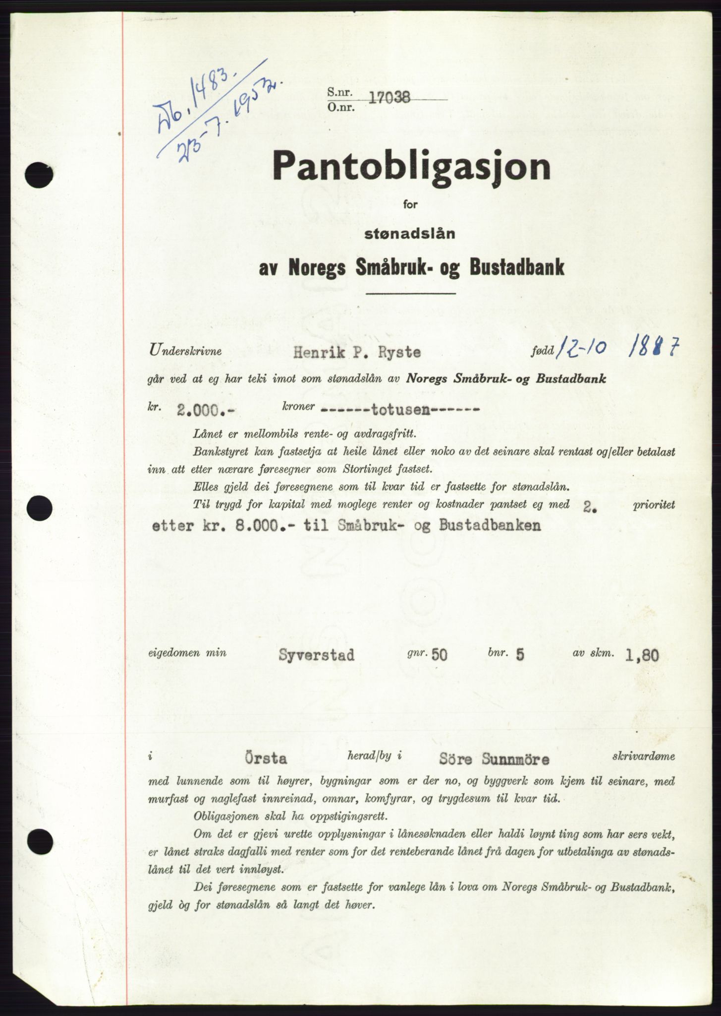 Søre Sunnmøre sorenskriveri, AV/SAT-A-4122/1/2/2C/L0121: Mortgage book no. 9B, 1951-1952, Diary no: : 1483/1952