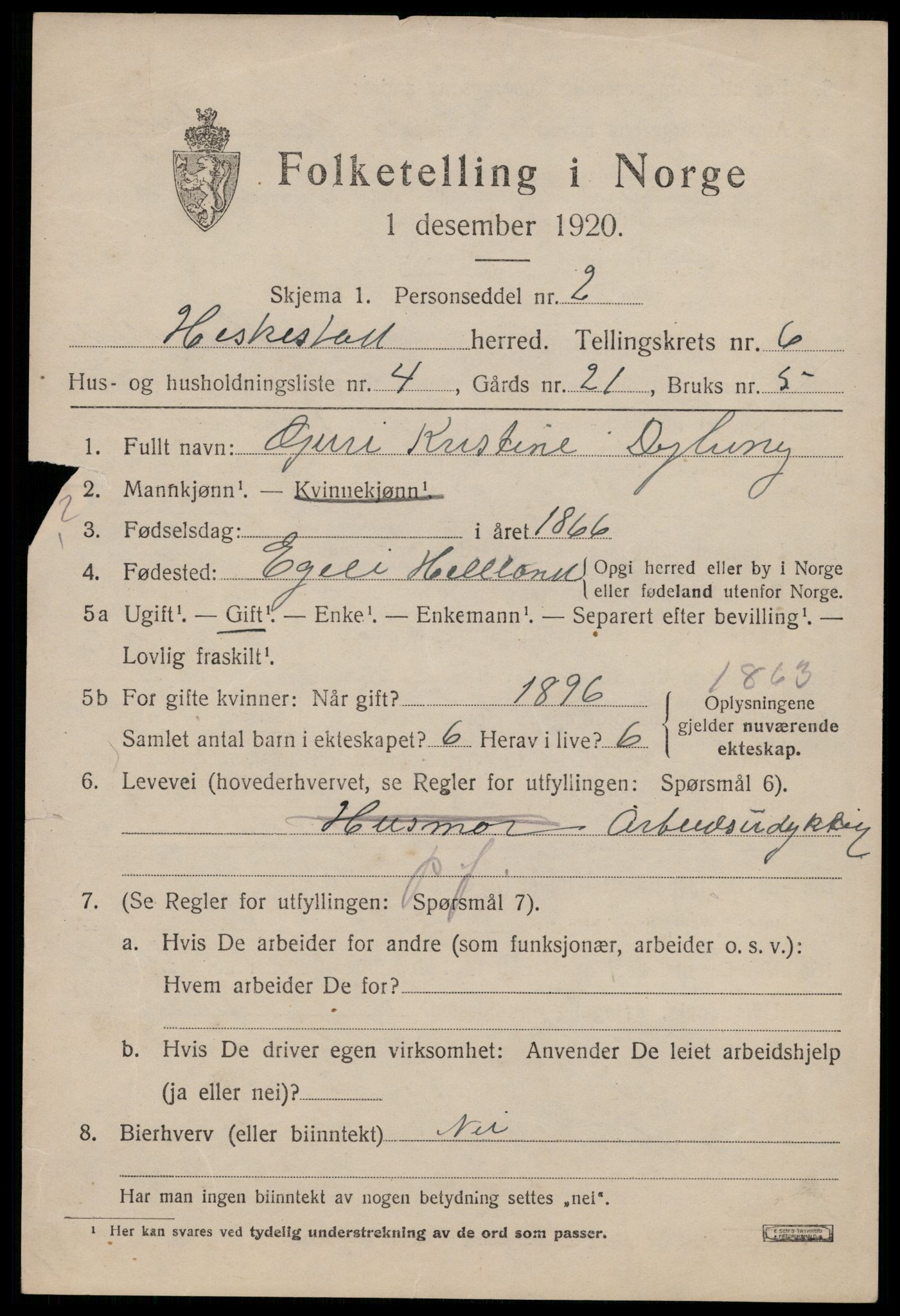 SAST, 1920 census for Heskestad, 1920, p. 2027