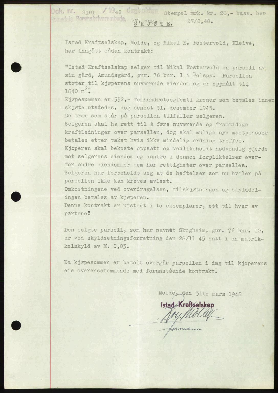 Romsdal sorenskriveri, AV/SAT-A-4149/1/2/2C: Mortgage book no. A27, 1948-1948, Diary no: : 2191/1948