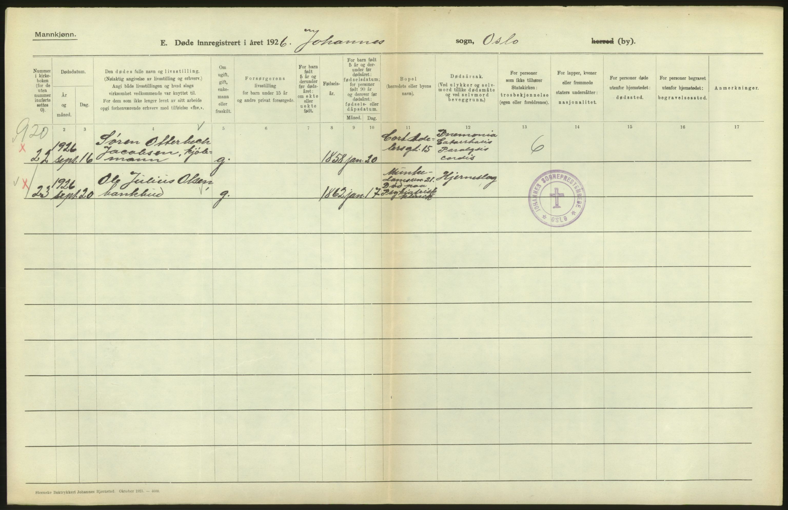 Statistisk sentralbyrå, Sosiodemografiske emner, Befolkning, AV/RA-S-2228/D/Df/Dfc/Dfcf/L0009: Oslo: Døde menn, 1926, p. 126