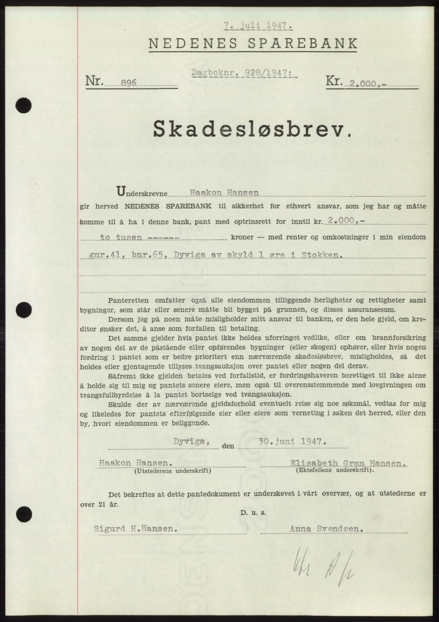 Nedenes sorenskriveri, AV/SAK-1221-0006/G/Gb/Gbb/L0004: Mortgage book no. B4, 1947-1947, Diary no: : 928/1947