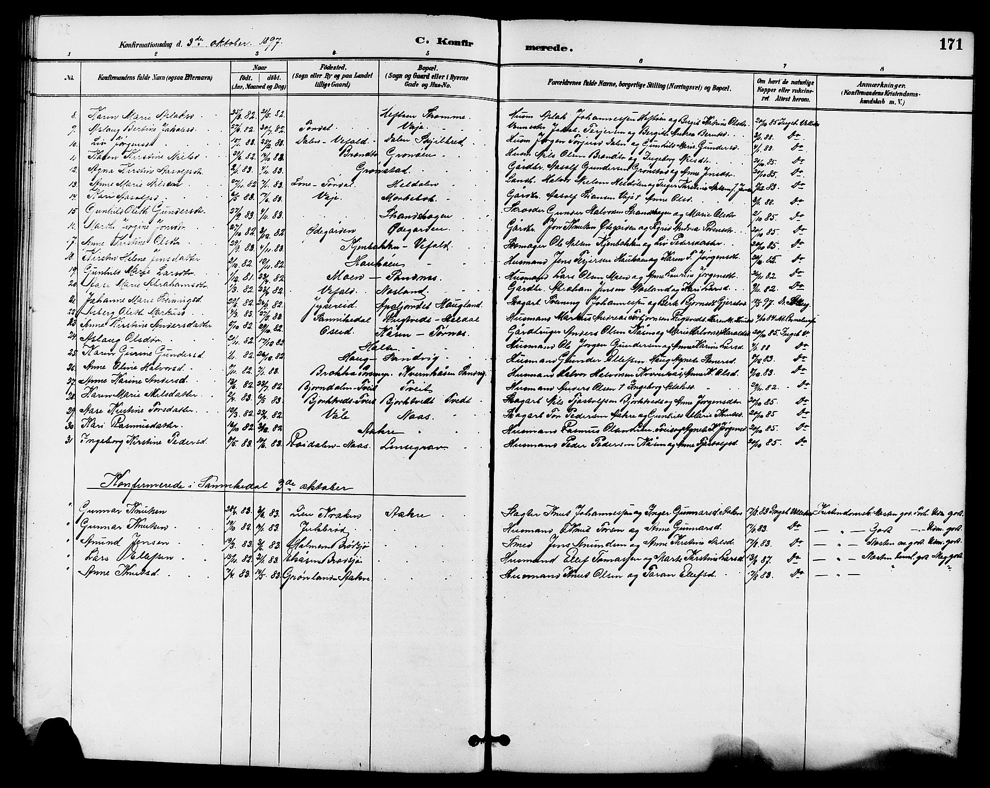 Drangedal kirkebøker, AV/SAKO-A-258/G/Ga/L0003: Parish register (copy) no. I 3, 1887-1906, p. 171