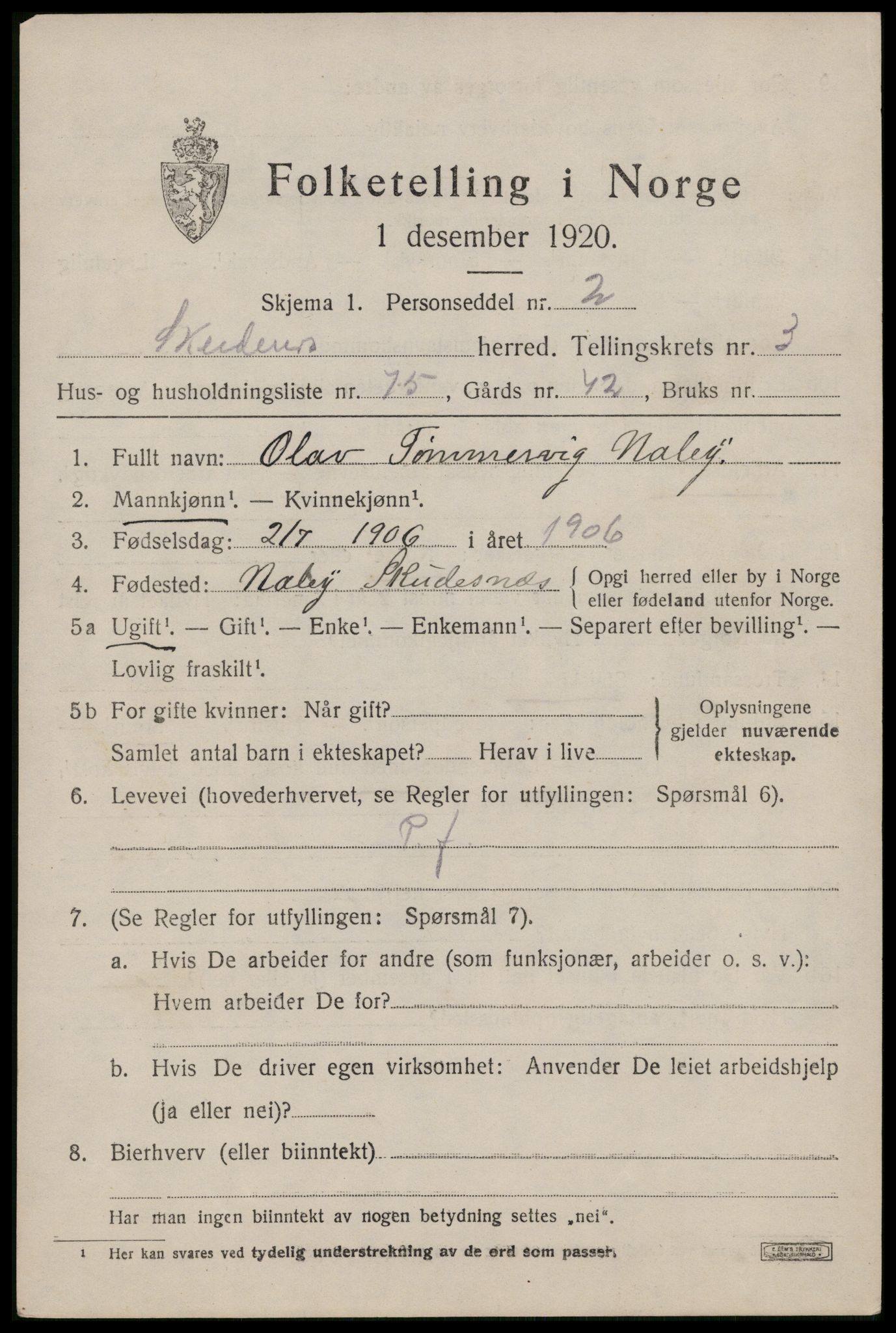 SAST, 1920 census for Skudenes, 1920, p. 3374