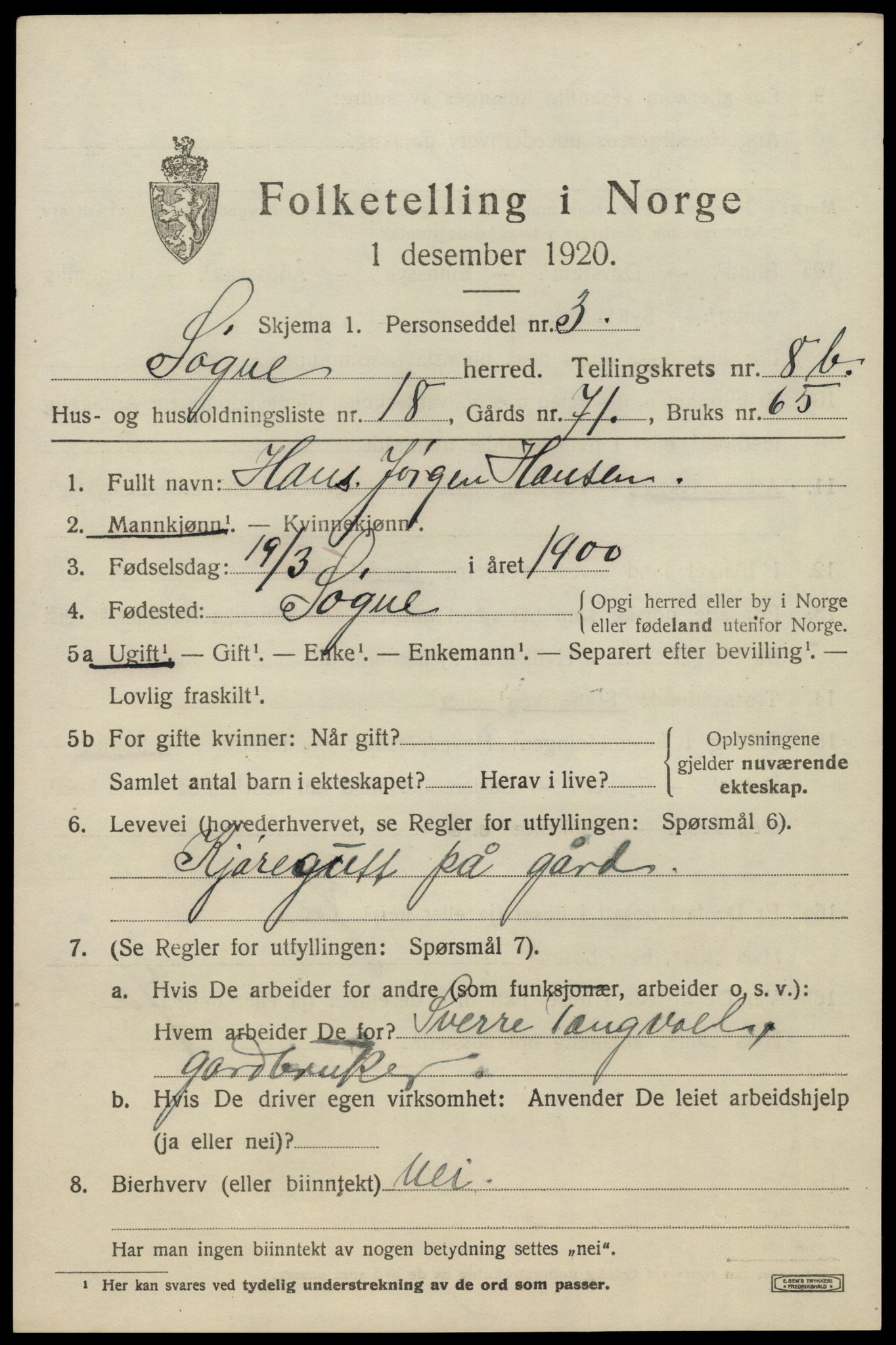 SAK, 1920 census for Søgne, 1920, p. 4787