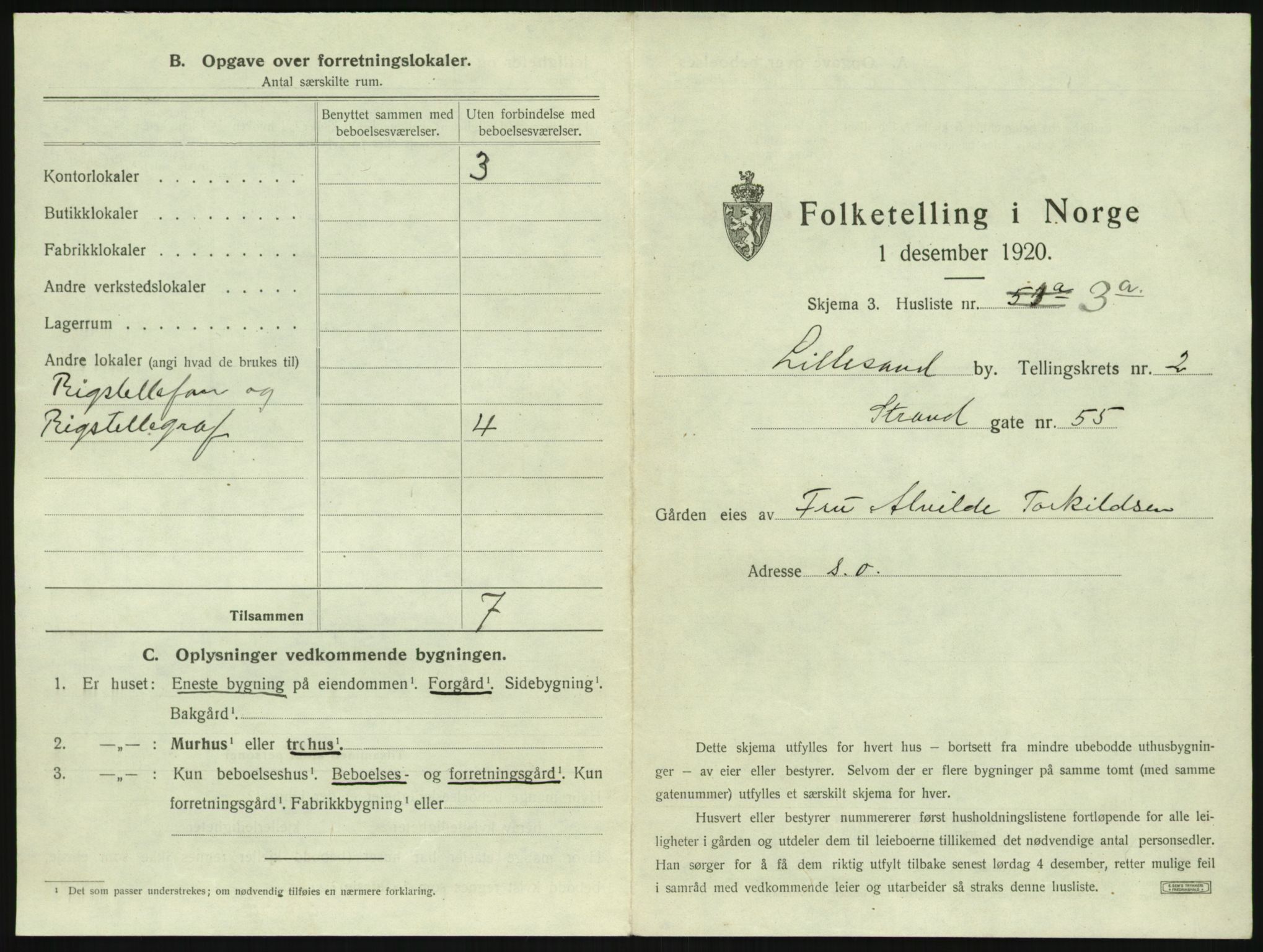 SAK, 1920 census for Lillesand, 1920, p. 229