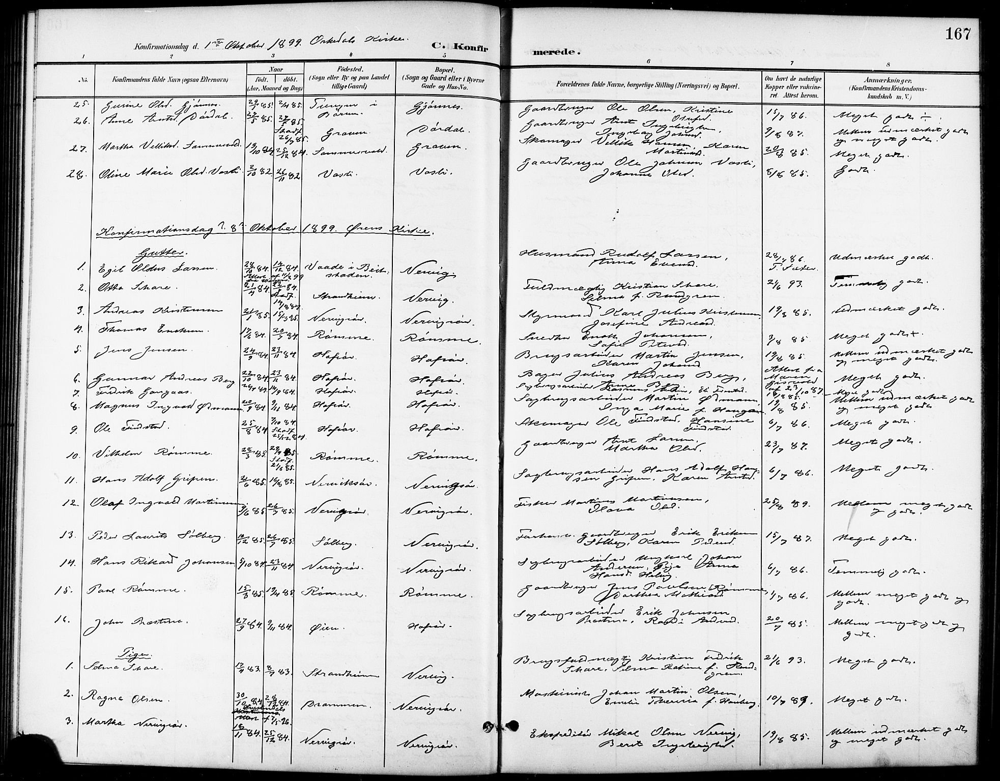 Ministerialprotokoller, klokkerbøker og fødselsregistre - Sør-Trøndelag, AV/SAT-A-1456/668/L0819: Parish register (copy) no. 668C08, 1899-1912, p. 167