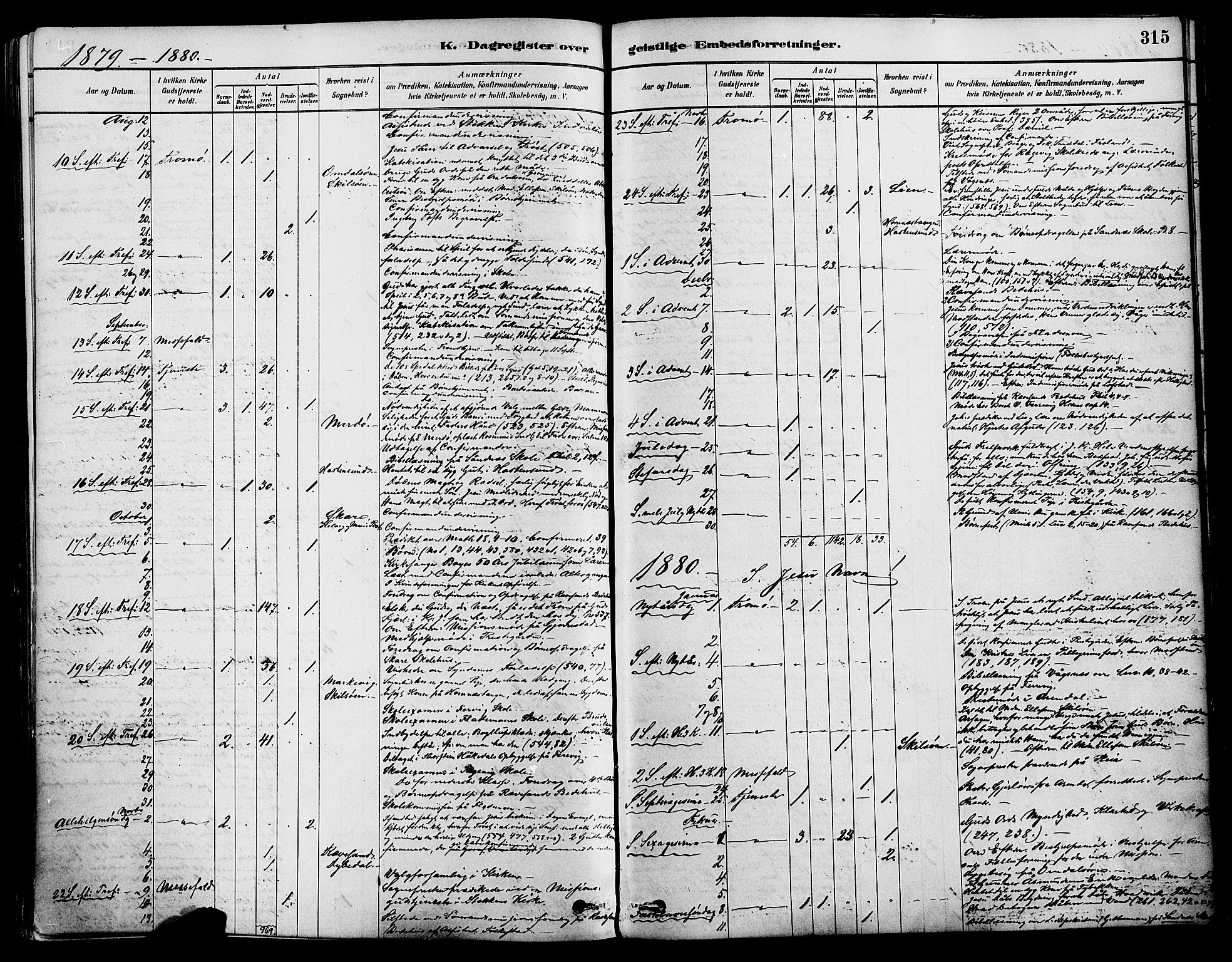 Tromøy sokneprestkontor, AV/SAK-1111-0041/F/Fa/L0009: Parish register (official) no. A 9, 1878-1896, p. 315