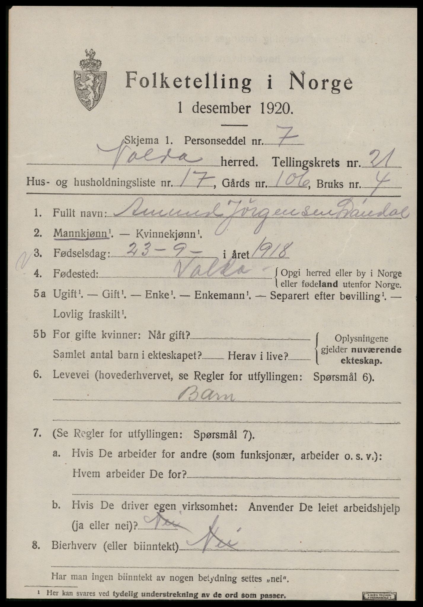 SAT, 1920 census for Volda, 1920, p. 11170