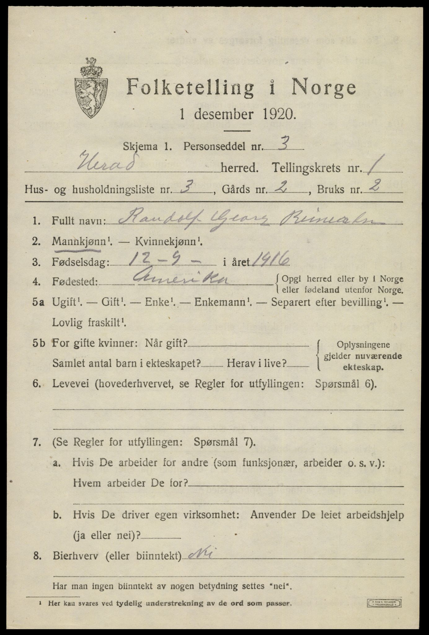 SAK, 1920 census for Herad, 1920, p. 458