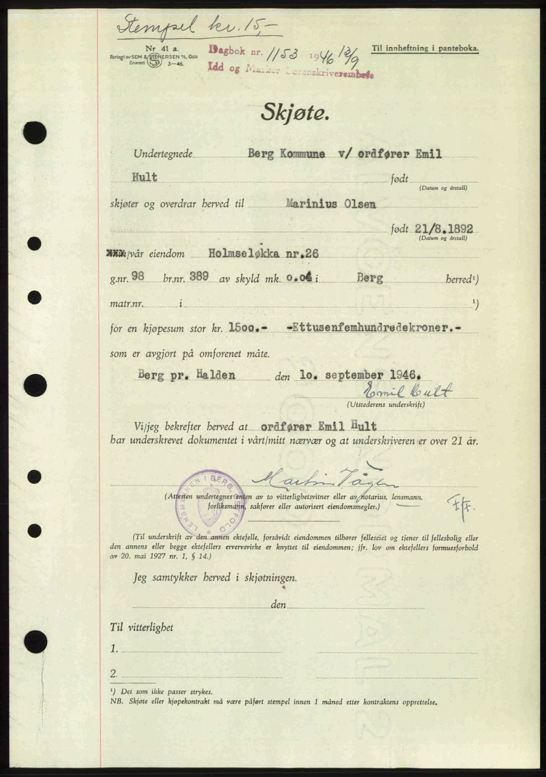 Idd og Marker sorenskriveri, AV/SAO-A-10283/G/Gb/Gbb/L0008: Mortgage book no. A8, 1946-1946, Diary no: : 1153/1946