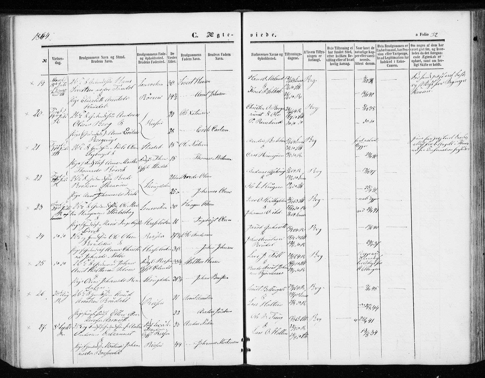 Ministerialprotokoller, klokkerbøker og fødselsregistre - Sør-Trøndelag, SAT/A-1456/646/L0612: Parish register (official) no. 646A10, 1858-1869, p. 32