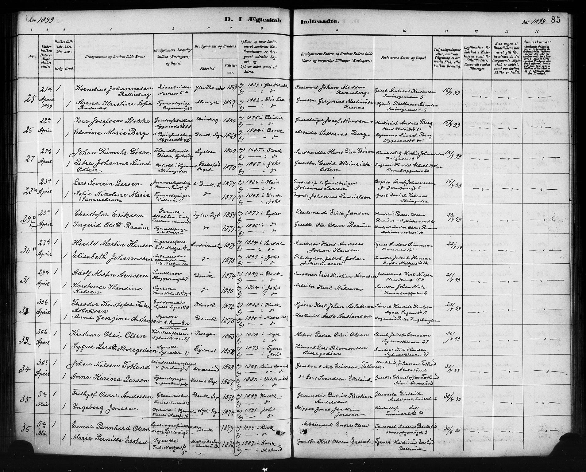 Johanneskirken sokneprestembete, SAB/A-76001/H/Hab: Parish register (copy) no. C 1, 1885-1912, p. 85