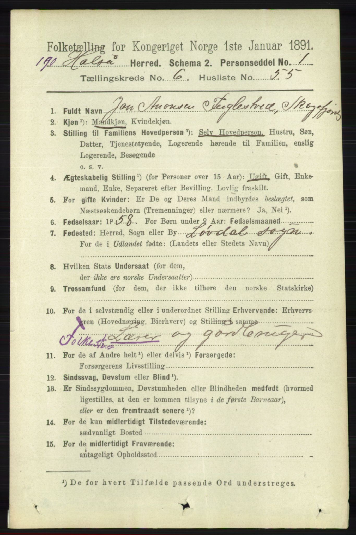 RA, 1891 census for 1019 Halse og Harkmark, 1891, p. 2652