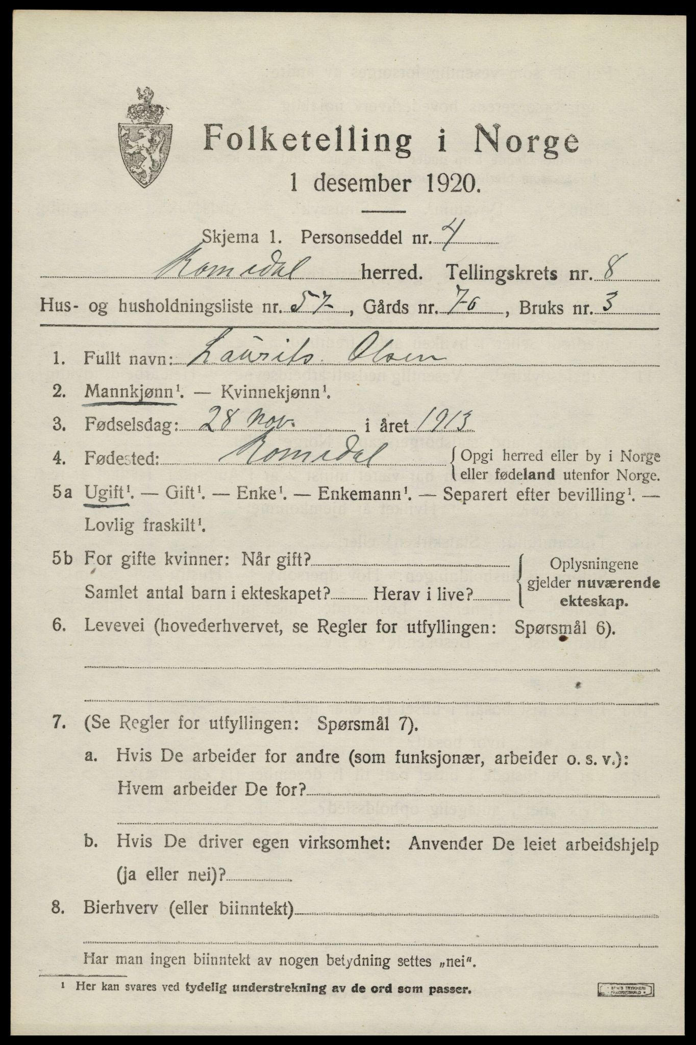 SAH, 1920 census for Romedal, 1920, p. 10347