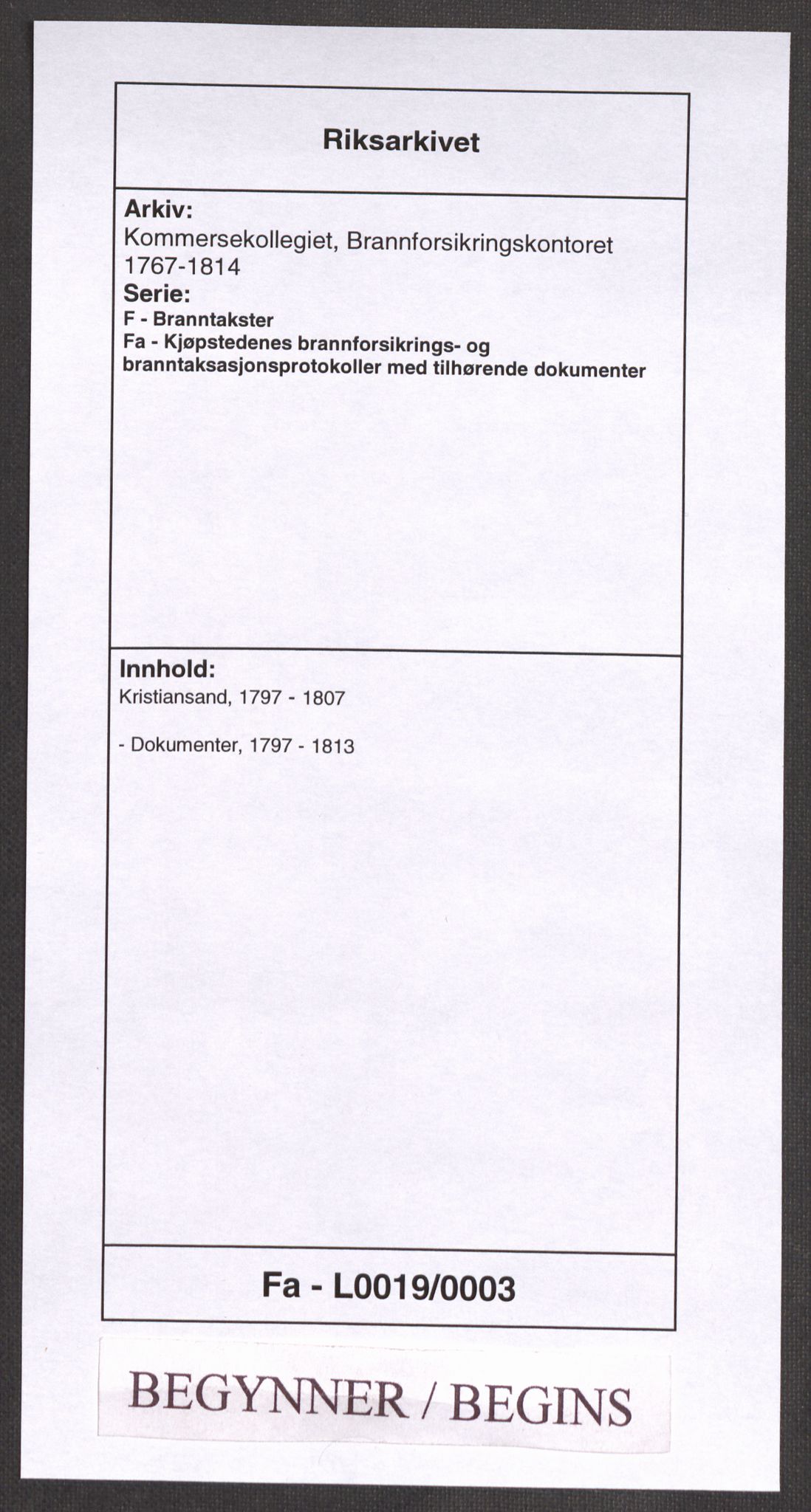Kommersekollegiet, Brannforsikringskontoret 1767-1814, RA/EA-5458/F/Fa/L0019/0003: Kristiansand / Dokumenter, 1797-1813