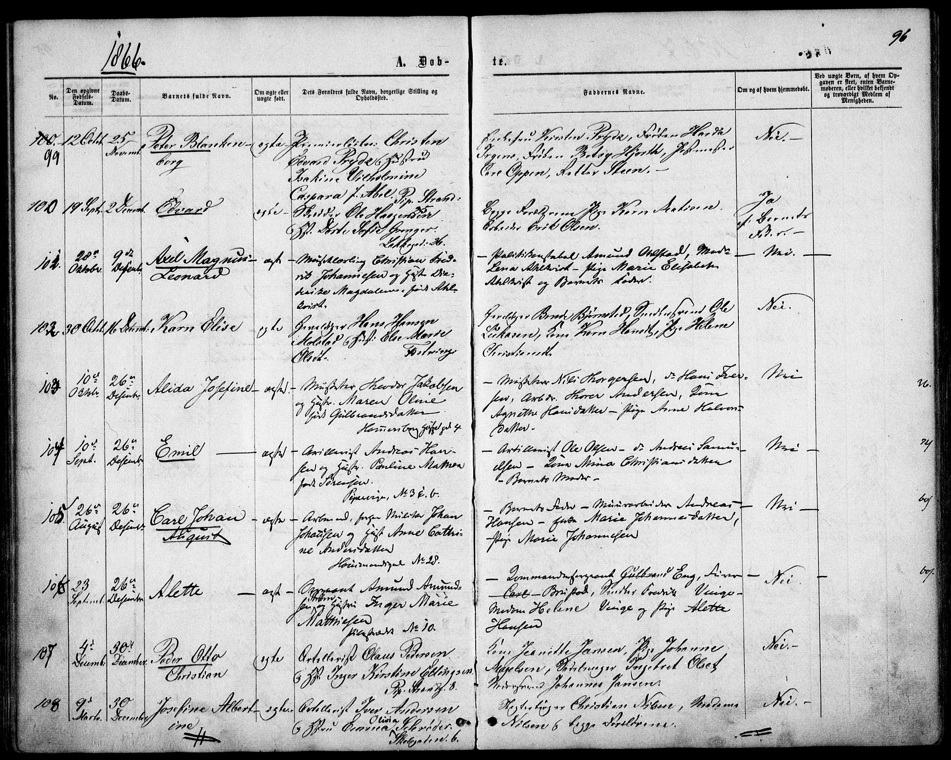 Garnisonsmenigheten Kirkebøker, AV/SAO-A-10846/F/Fa/L0010: Parish register (official) no. 10, 1859-1869, p. 96