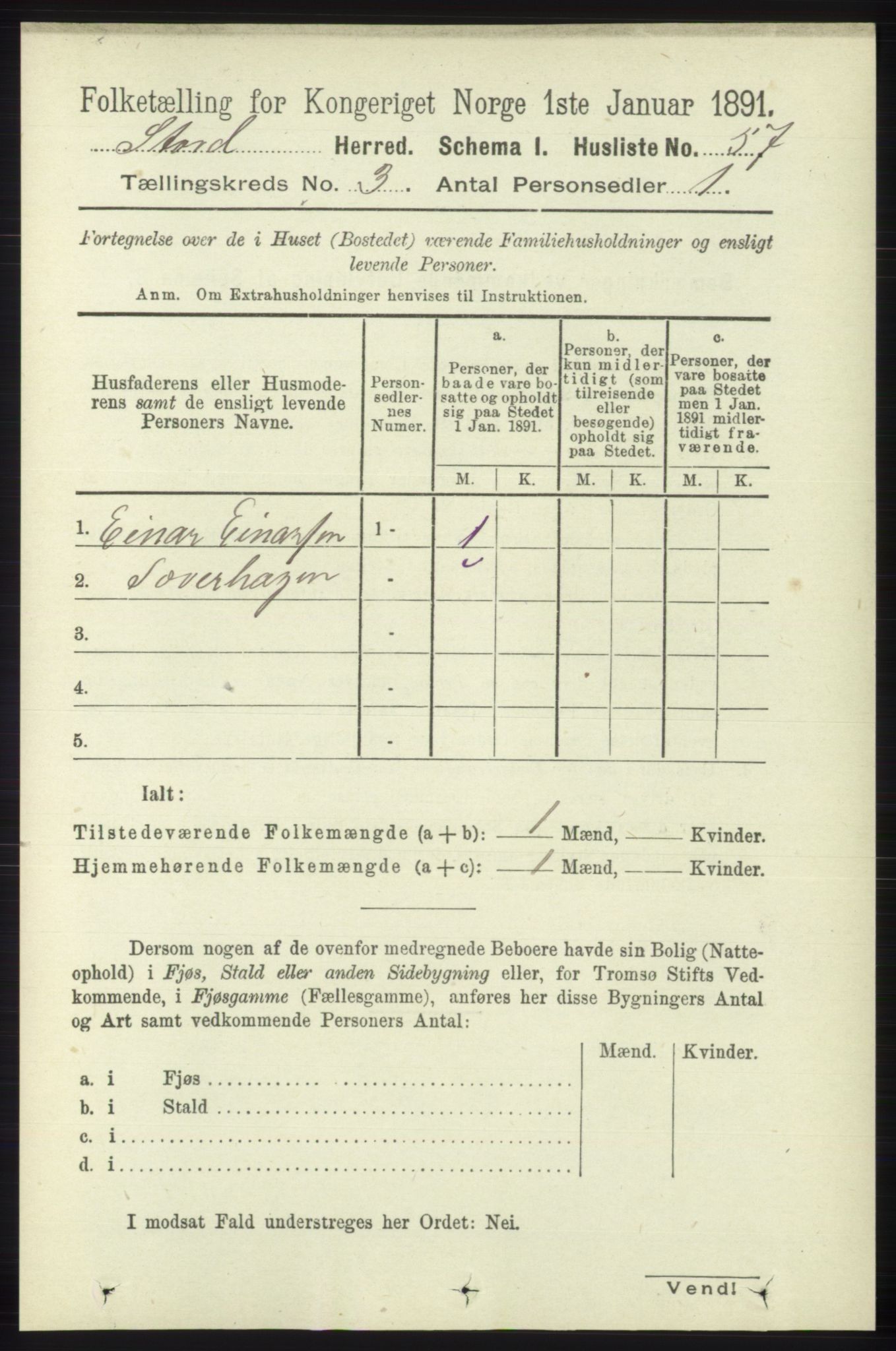 RA, 1891 census for 1221 Stord, 1891, p. 523