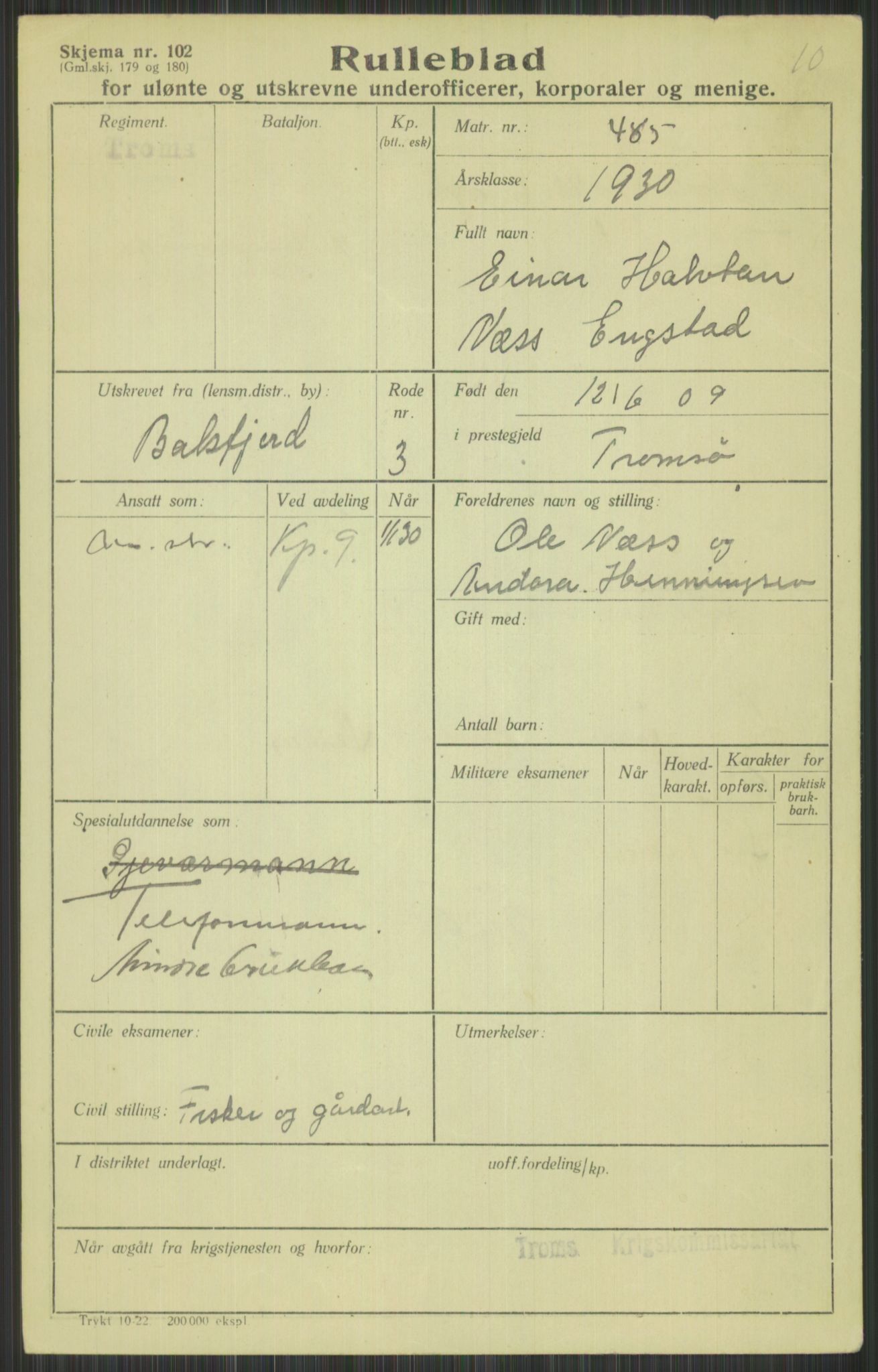 Forsvaret, Troms infanteriregiment nr. 16, AV/RA-RAFA-3146/P/Pa/L0014: Rulleblad for regimentets menige mannskaper, årsklasse 1930, 1930, p. 115