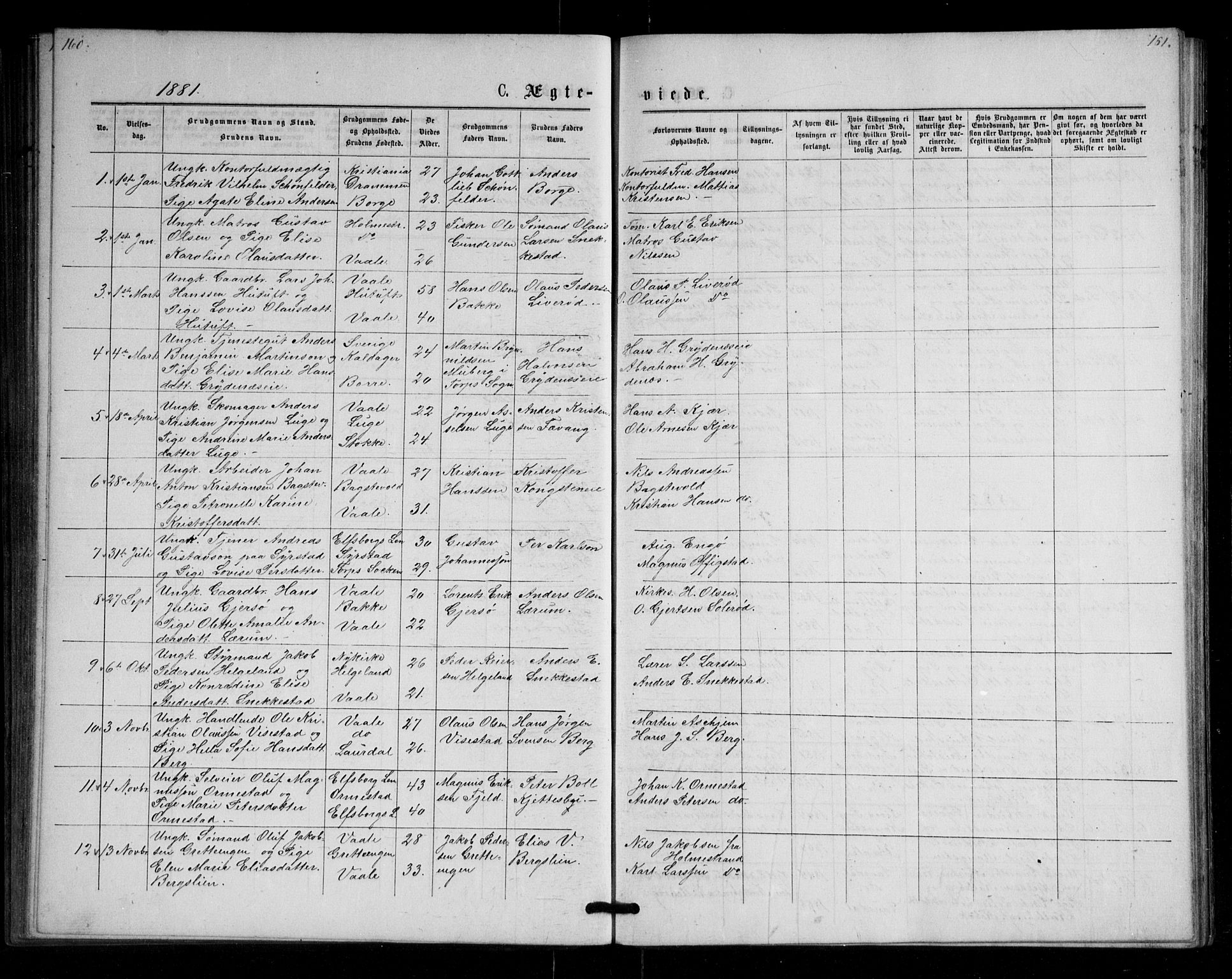 Våle kirkebøker, AV/SAKO-A-334/G/Ga/L0004a: Parish register (copy) no. I 4, 1874-1893, p. 160-161