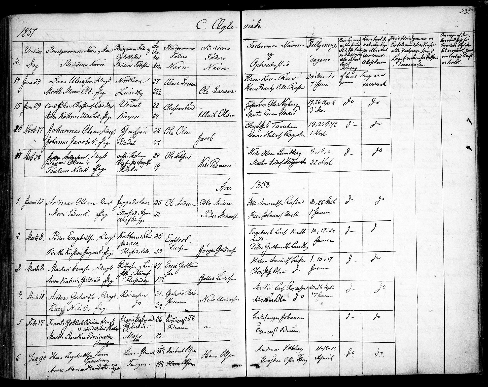 Hurdal prestekontor Kirkebøker, SAO/A-10889/F/Fa/L0005: Parish register (official) no. I 5, 1846-1859, p. 232