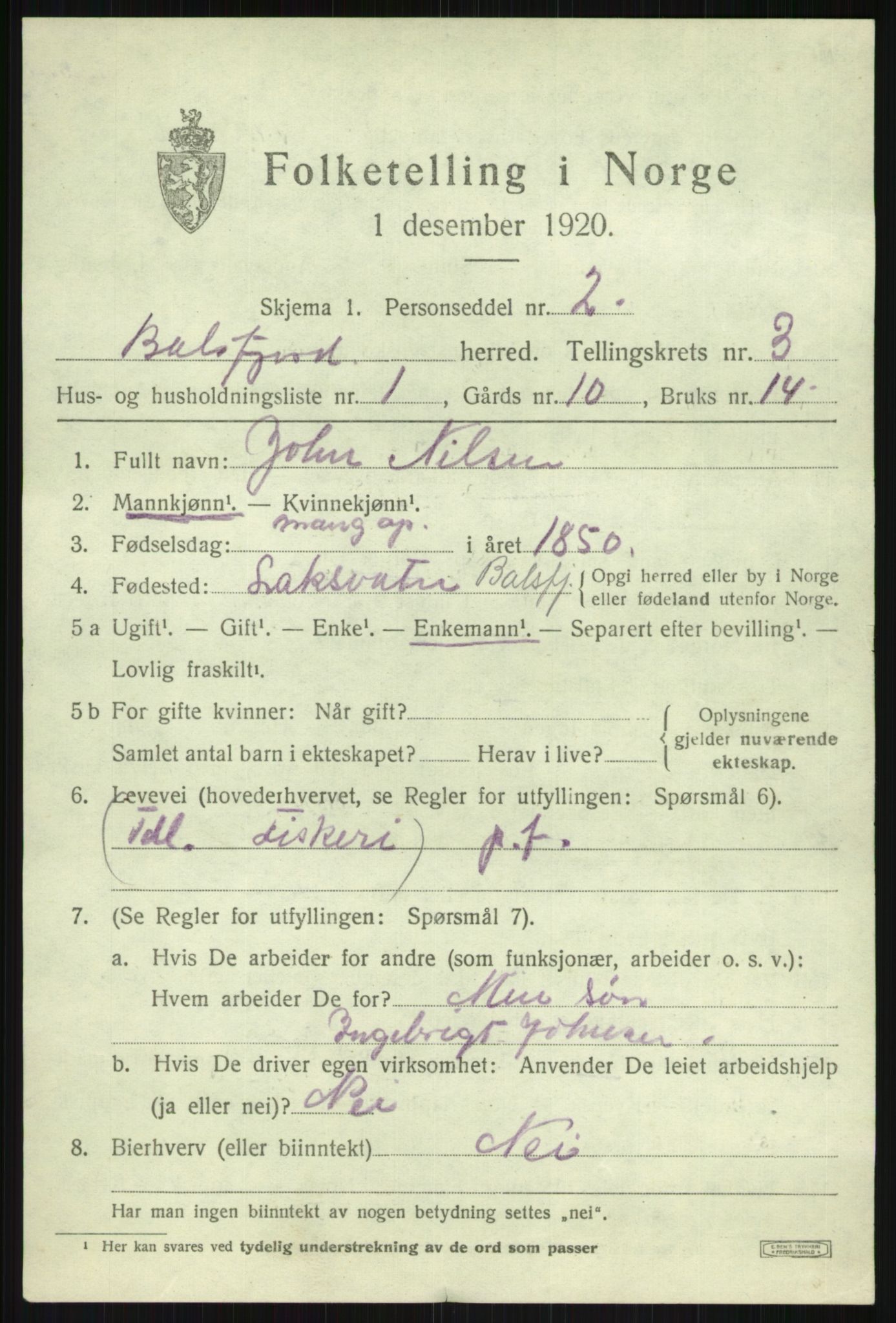 SATØ, 1920 census for Balsfjord, 1920, p. 2116