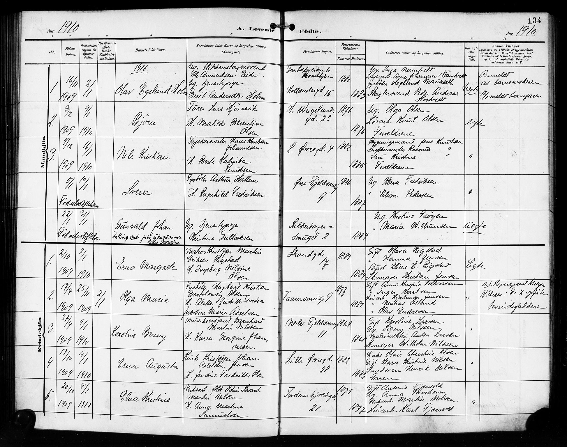 Korskirken sokneprestembete, SAB/A-76101/H/Hab: Parish register (copy) no. B 11, 1905-1916, p. 134