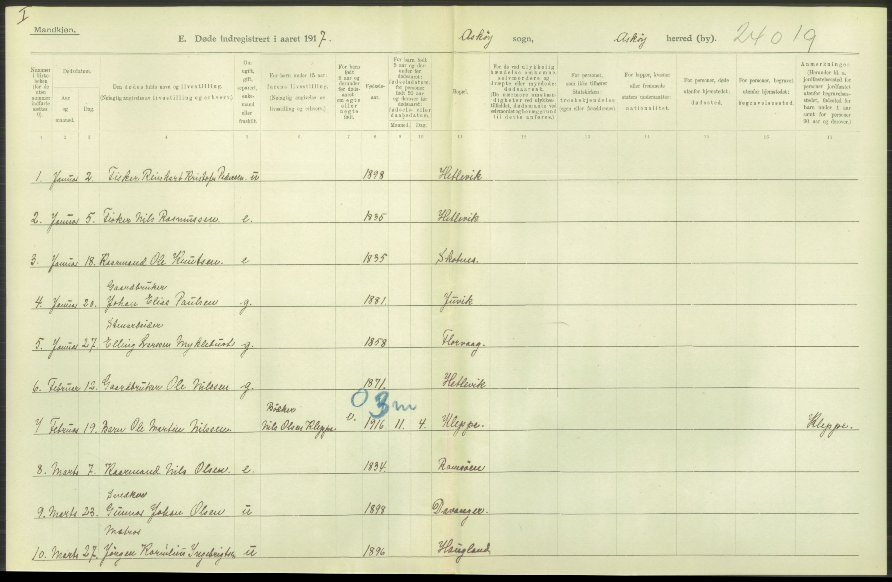 Statistisk sentralbyrå, Sosiodemografiske emner, Befolkning, RA/S-2228/D/Df/Dfb/Dfbg/L0036: S. Bergenhus amt: Døde, dødfødte. Bygder., 1917, p. 524