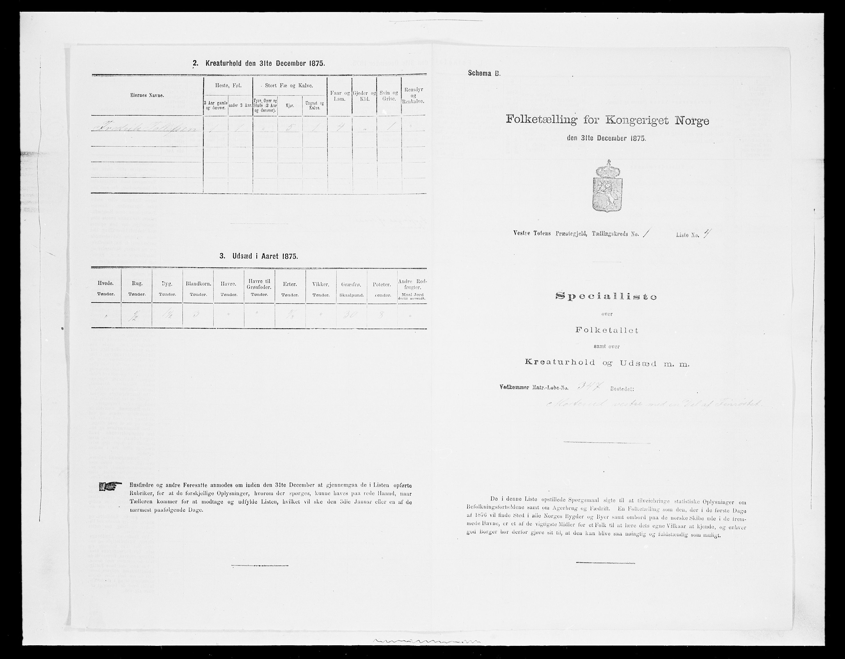 SAH, 1875 census for 0529P Vestre Toten, 1875, p. 182