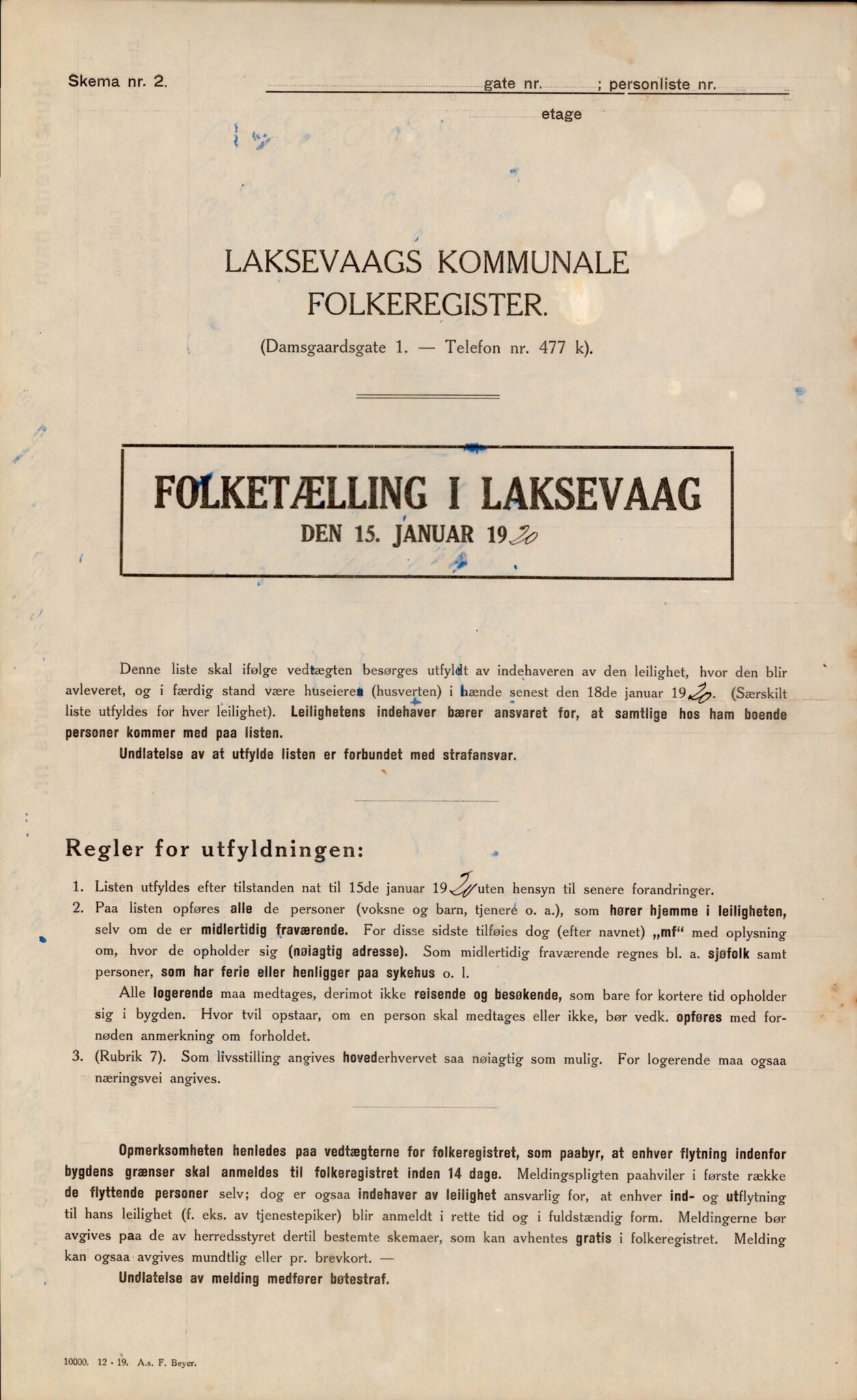 Laksevåg kommune. Folkeregisteret, BBA/A-1586/E/Ea/L0003: Folketellingskjema 1920, 1920