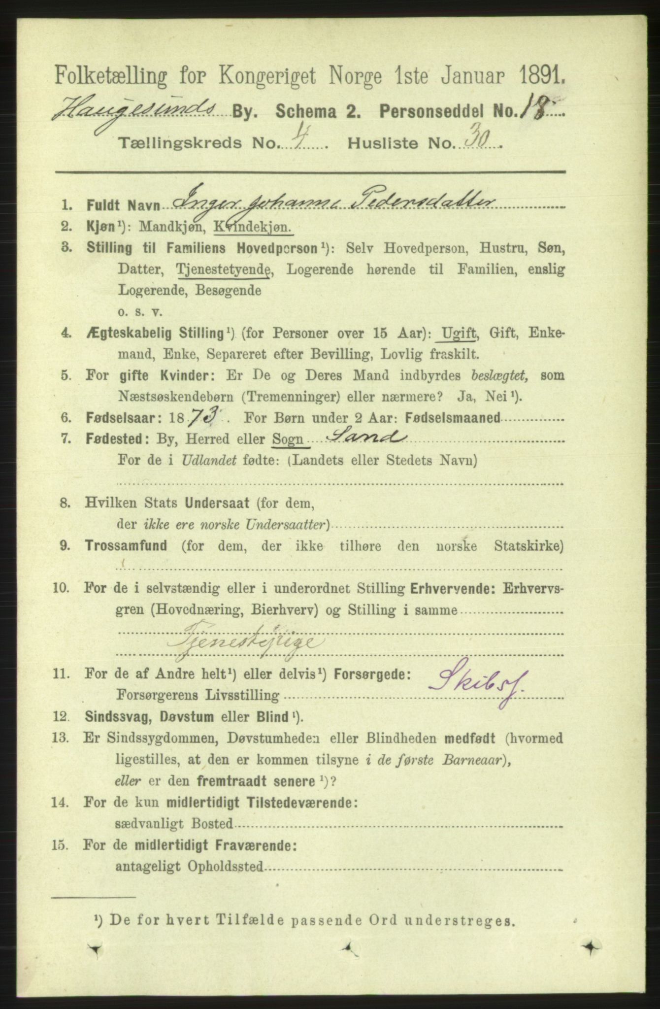 RA, 1891 census for 1106 Haugesund, 1891, p. 1615