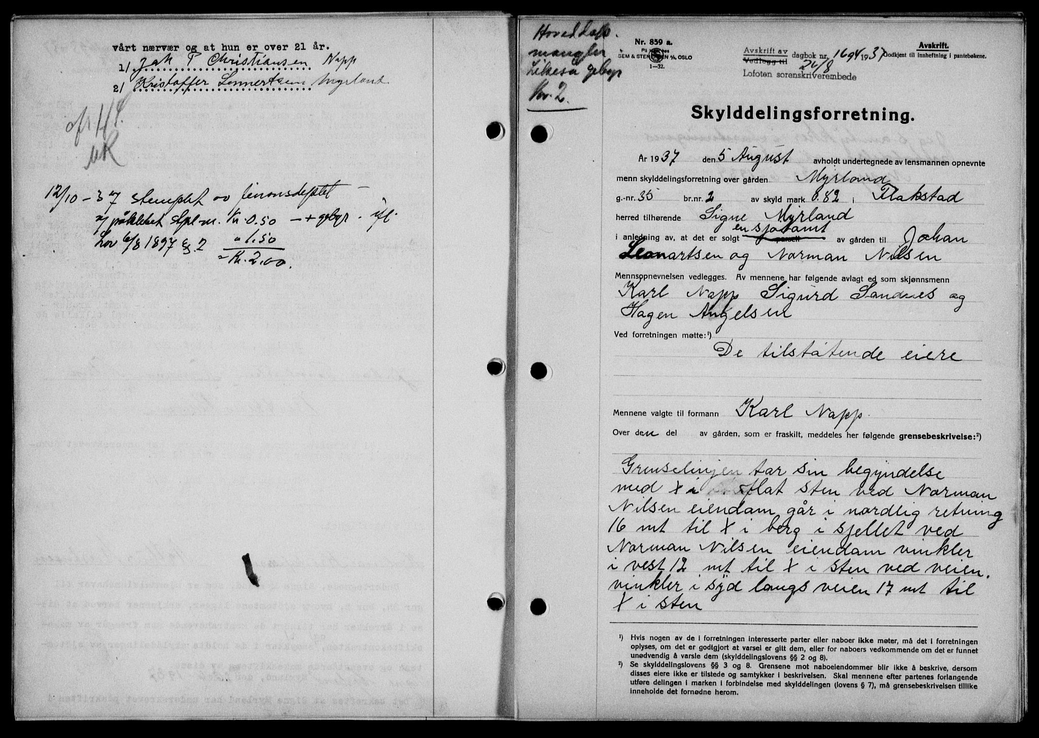 Lofoten sorenskriveri, SAT/A-0017/1/2/2C/L0002a: Mortgage book no. 2a, 1937-1937, Diary no: : 1694/1937