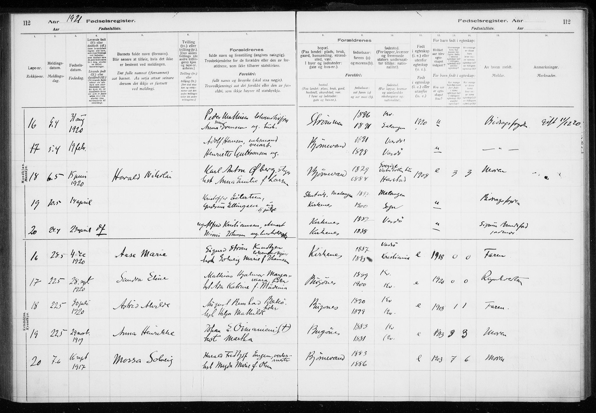 Sør-Varanger sokneprestkontor, AV/SATØ-S-1331/I/Ia/L0016: Birth register no. 16, 1915-1925, p. 112