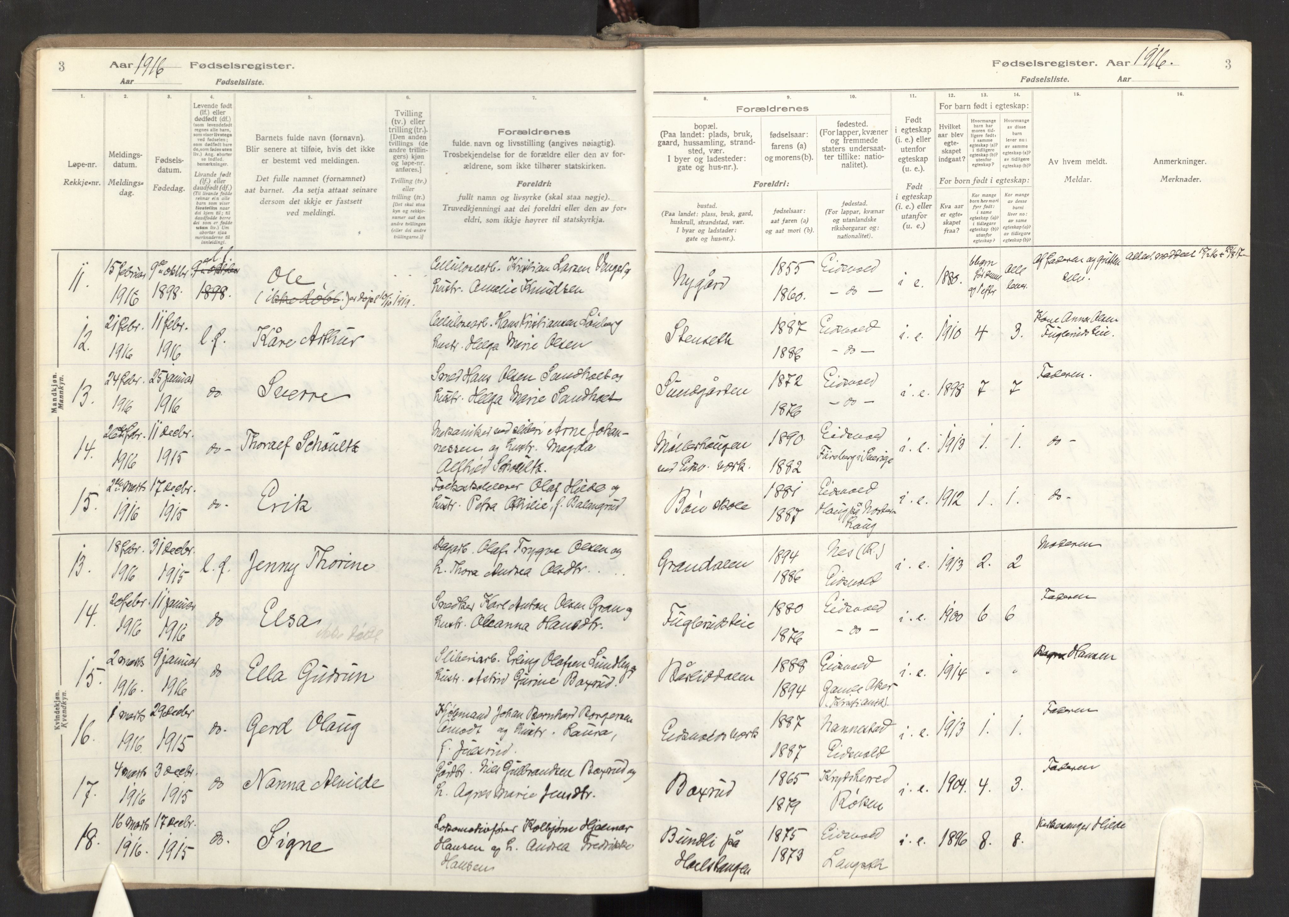 Eidsvoll prestekontor Kirkebøker, SAO/A-10888: Birth register no. I 1, 1916-1924, p. 3