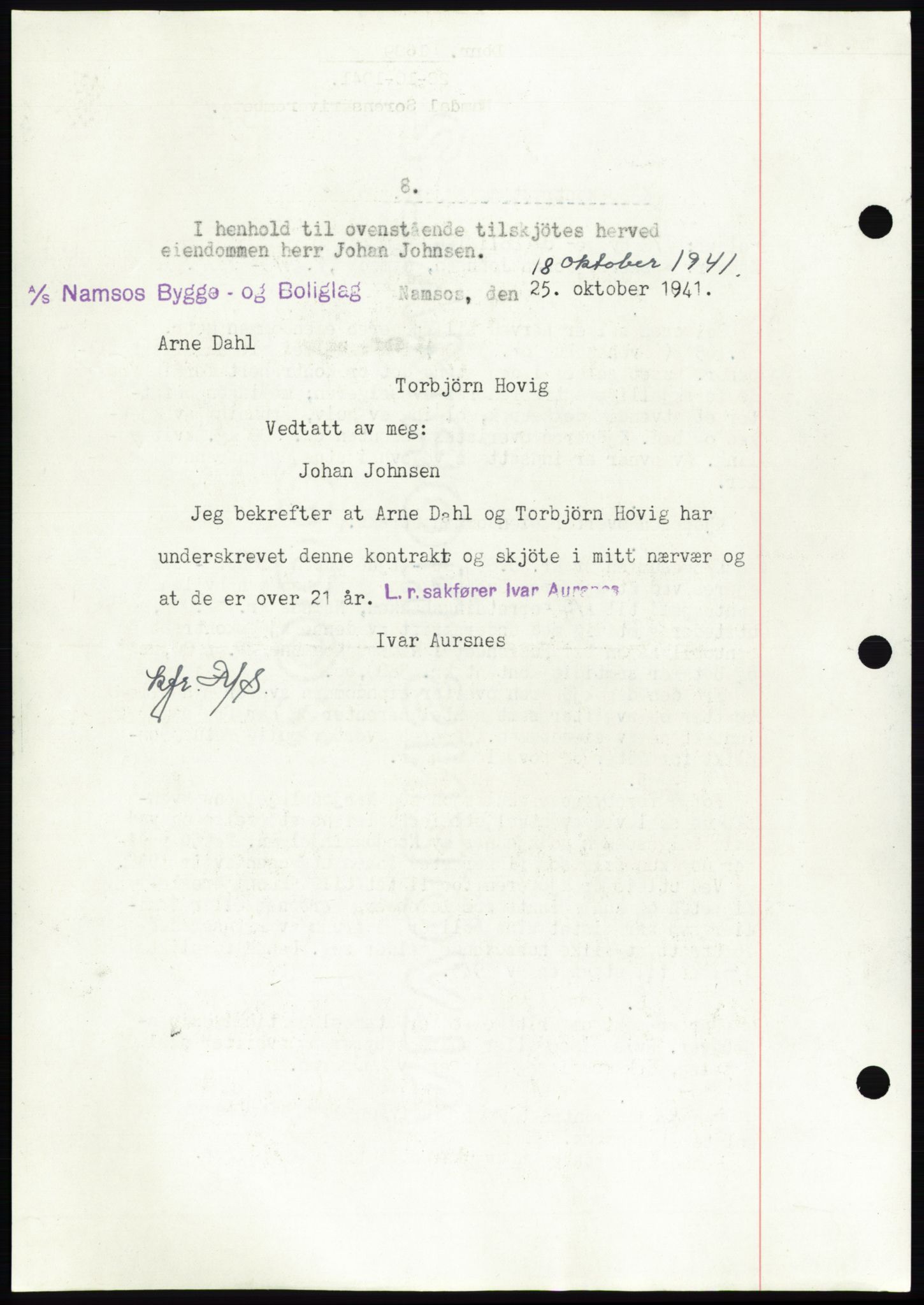 Namdal sorenskriveri, SAT/A-4133/1/2/2C: Mortgage book no. -, 1941-1942, Diary no: : 1689/1941